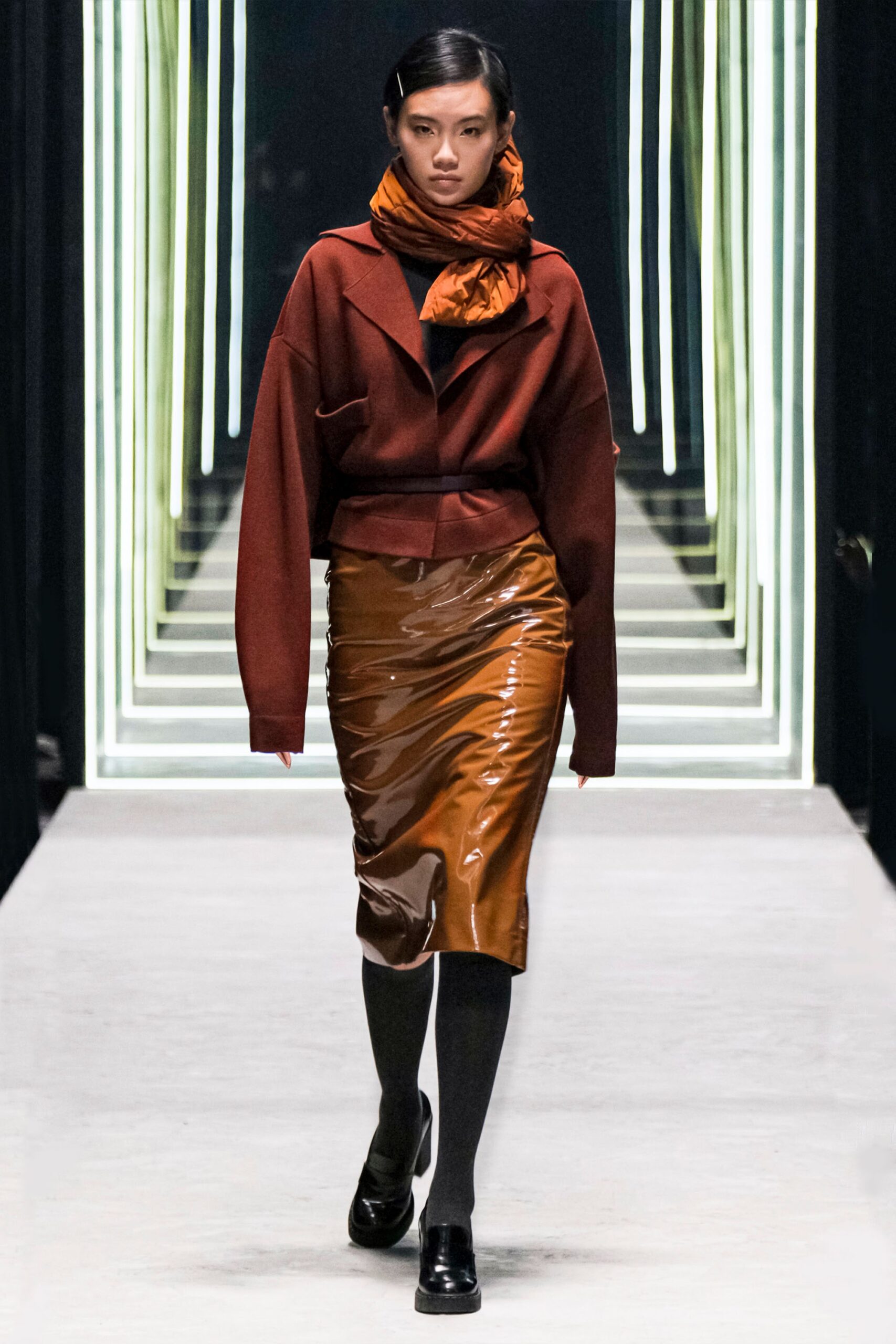 red wool long-sleeve collared oversized zippered jacket