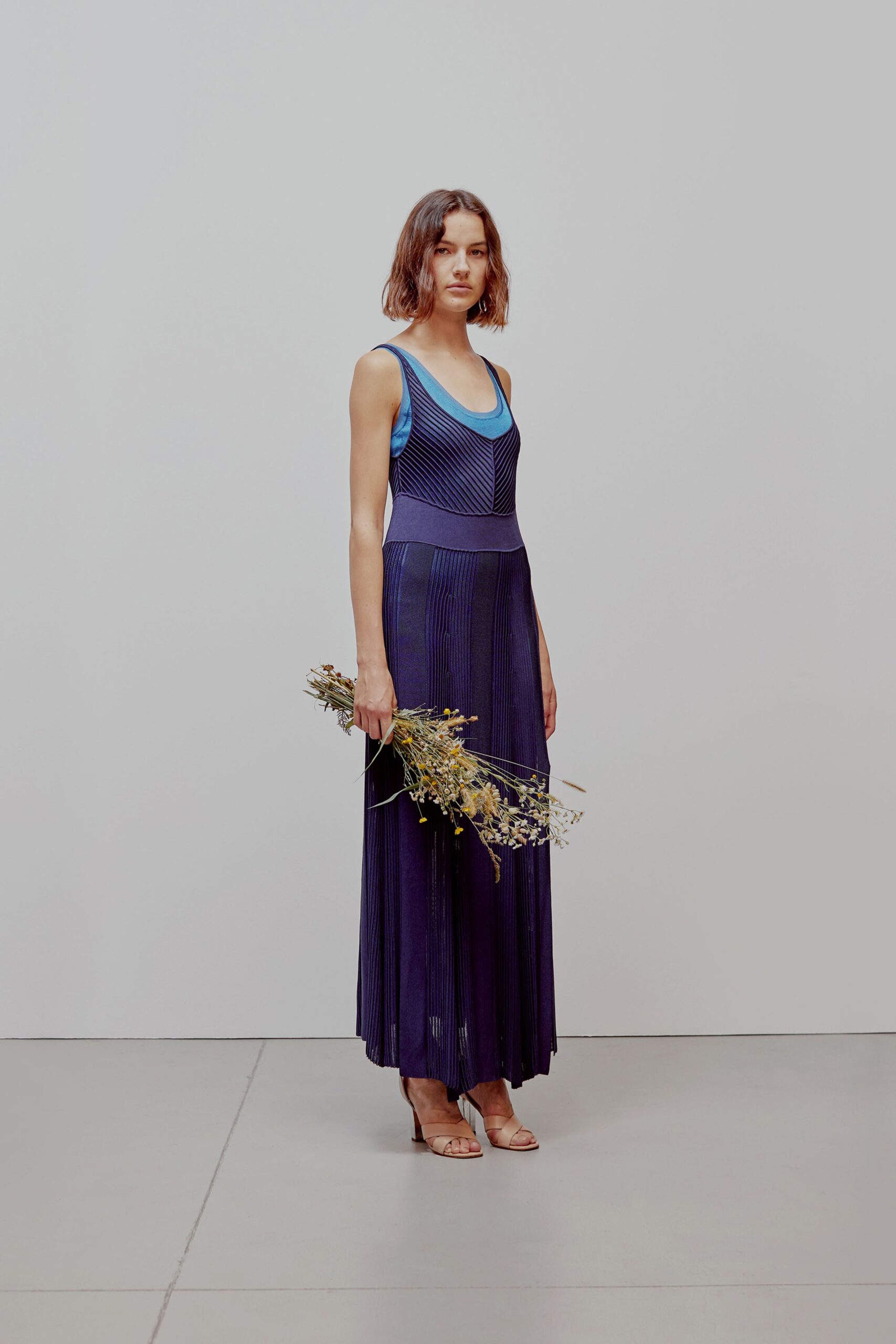 blue pleated sleeveless dress