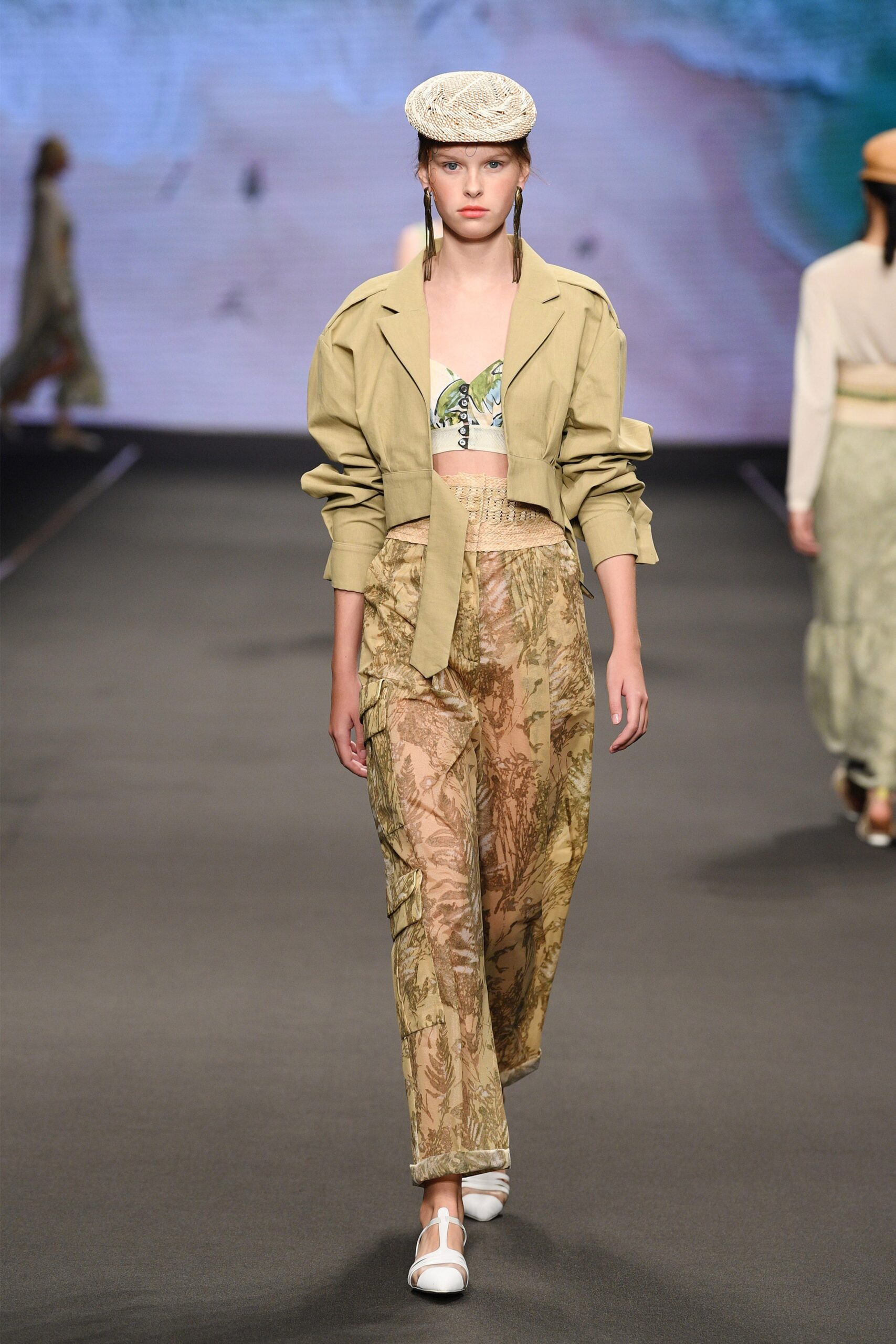 beige relaxed jacket with green crop-top