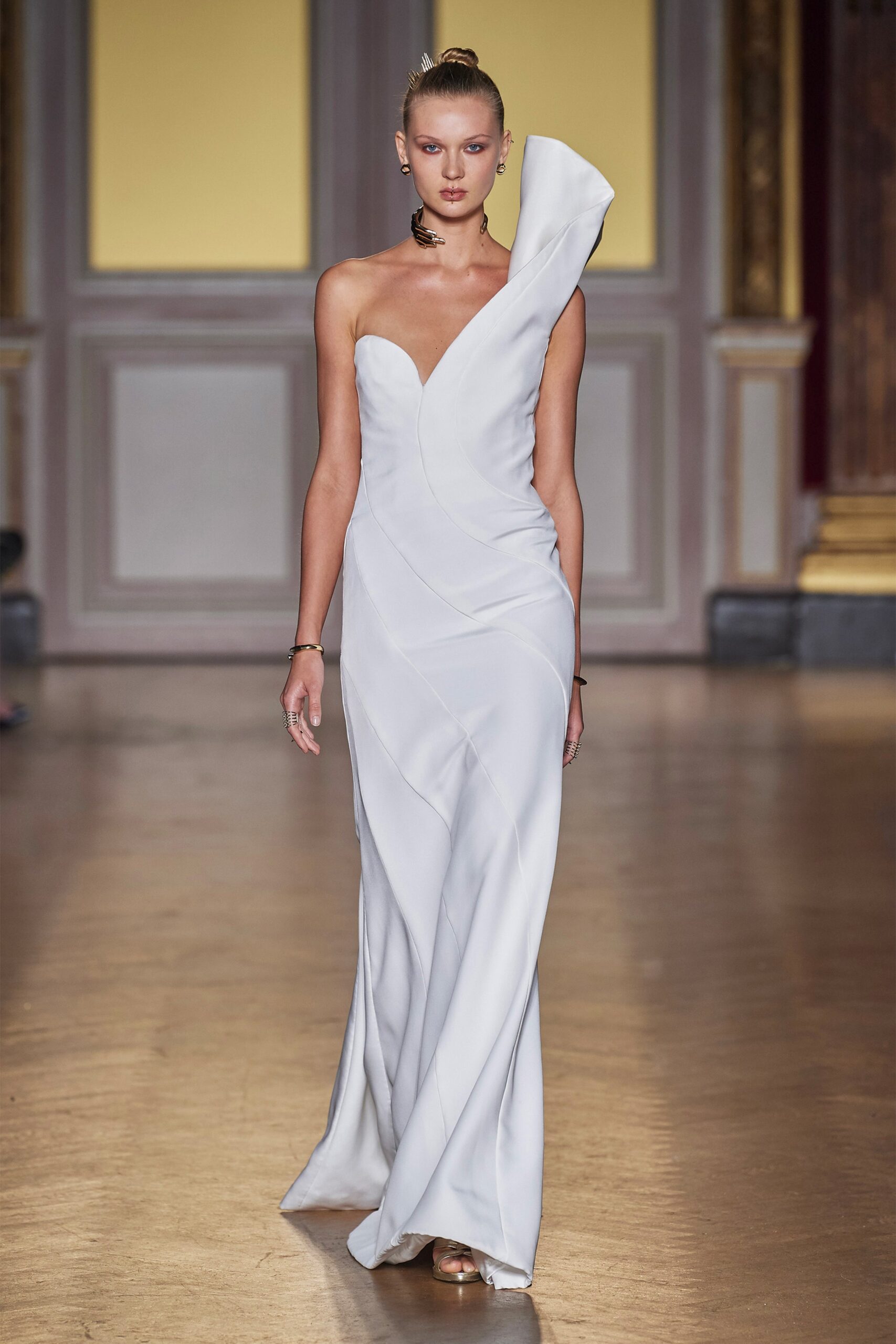 white silk fitted gown