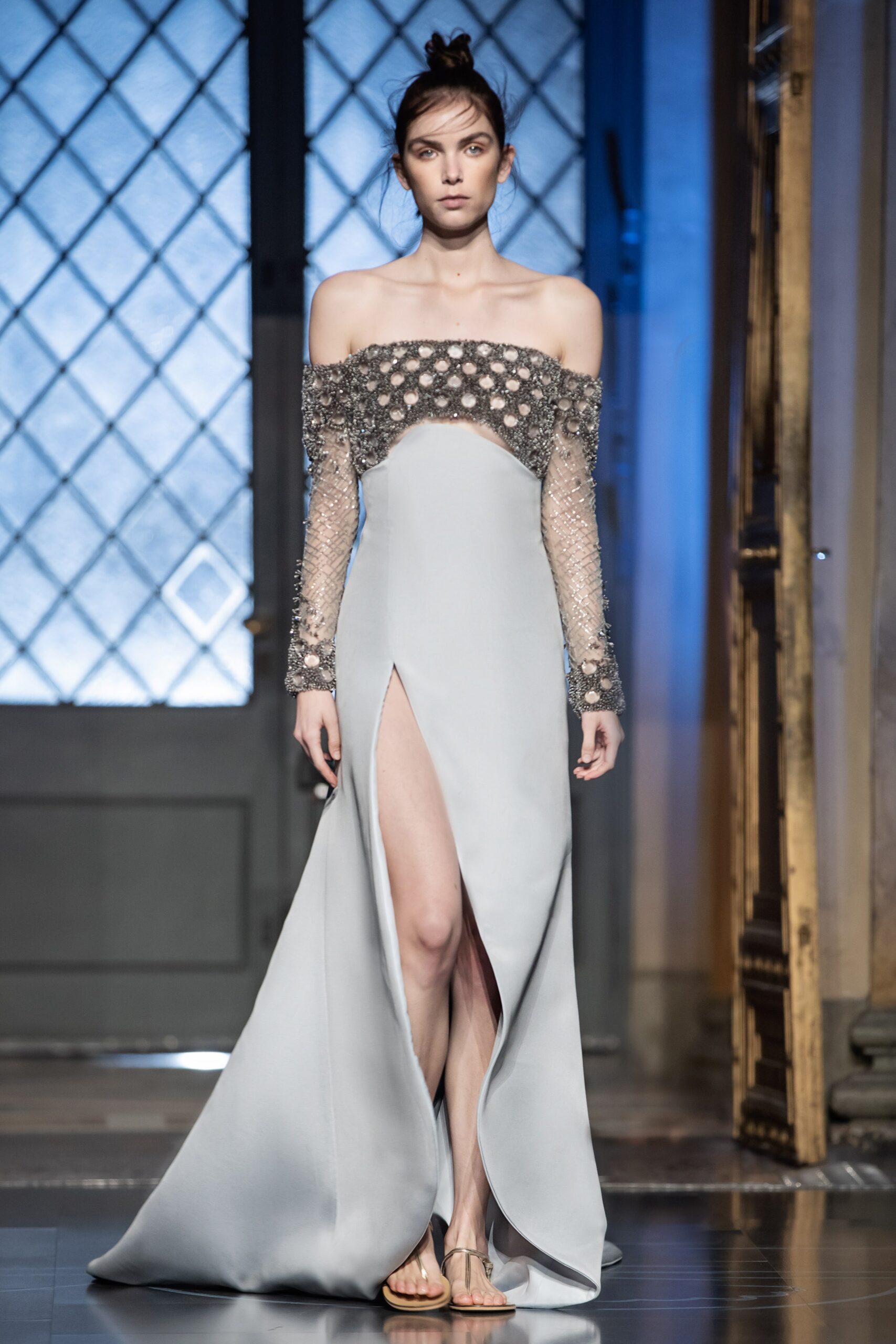 gray silk off-shoulder gown