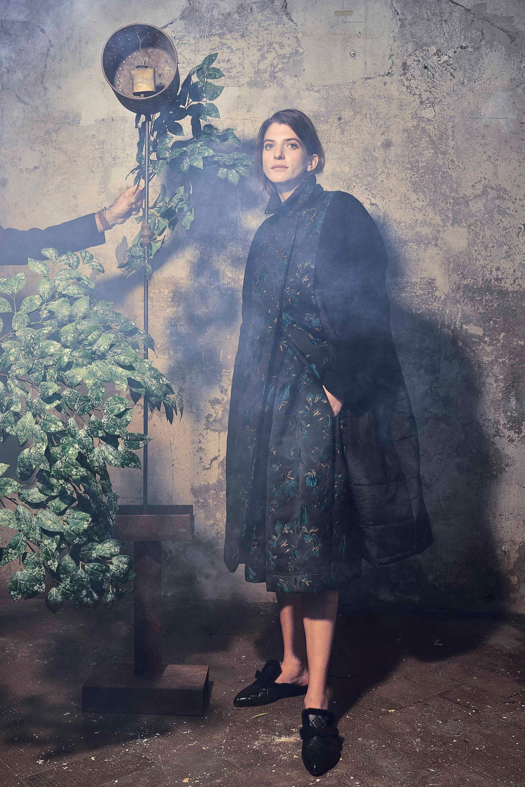 black silk relaxed coat and fitted dress