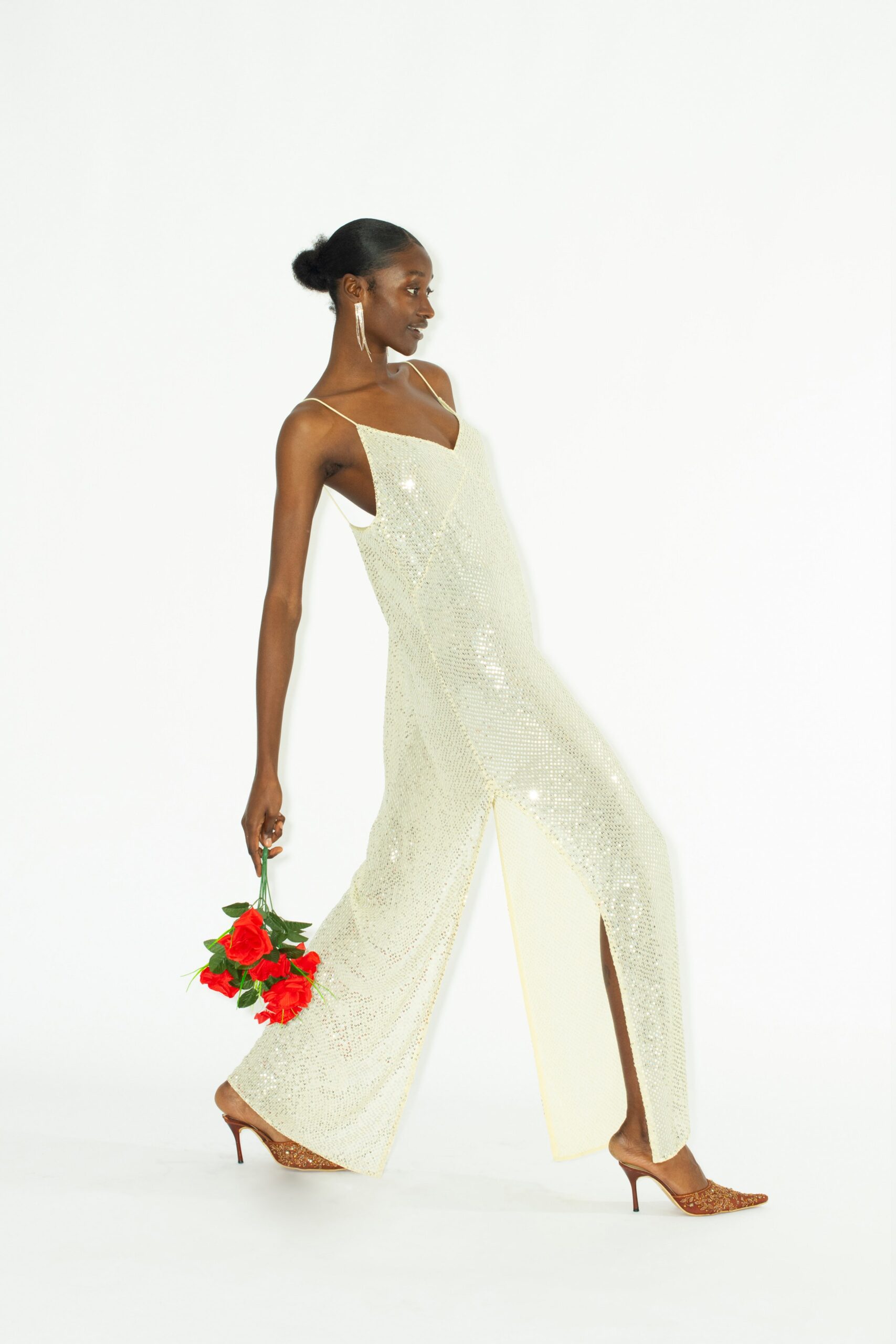 gold sequin sleeveless v-neck fitted draped shiny jumpsuit