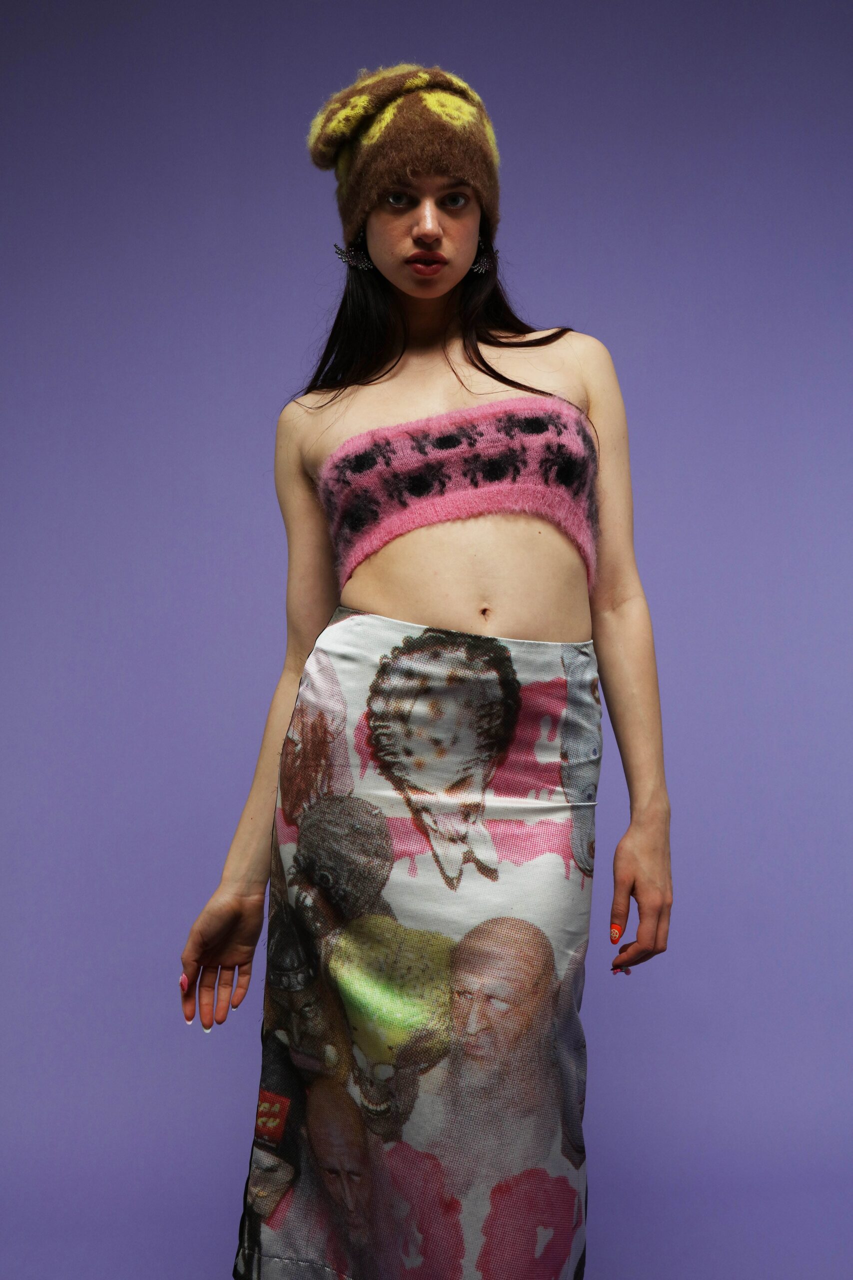 pink wool strapless top with multi skirt