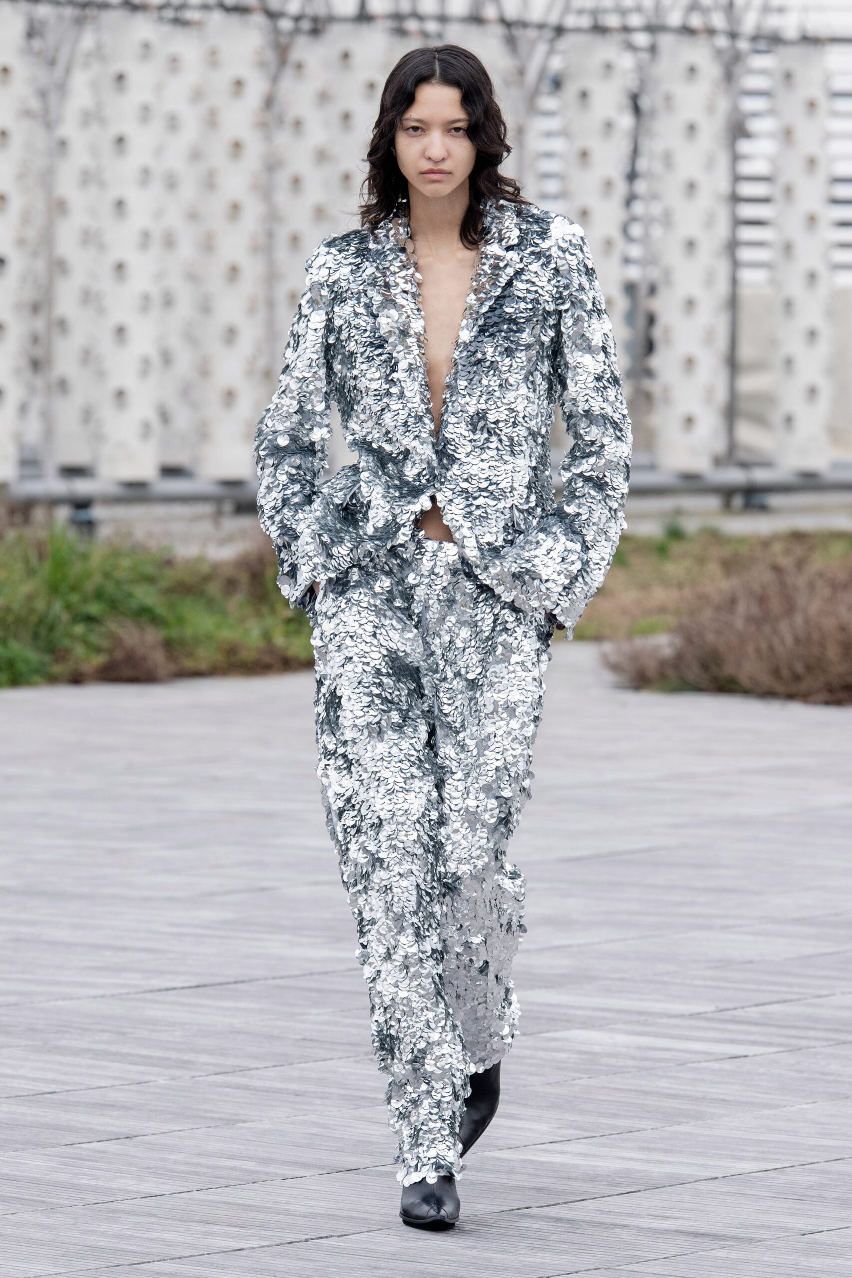 shiny silver sequin suit