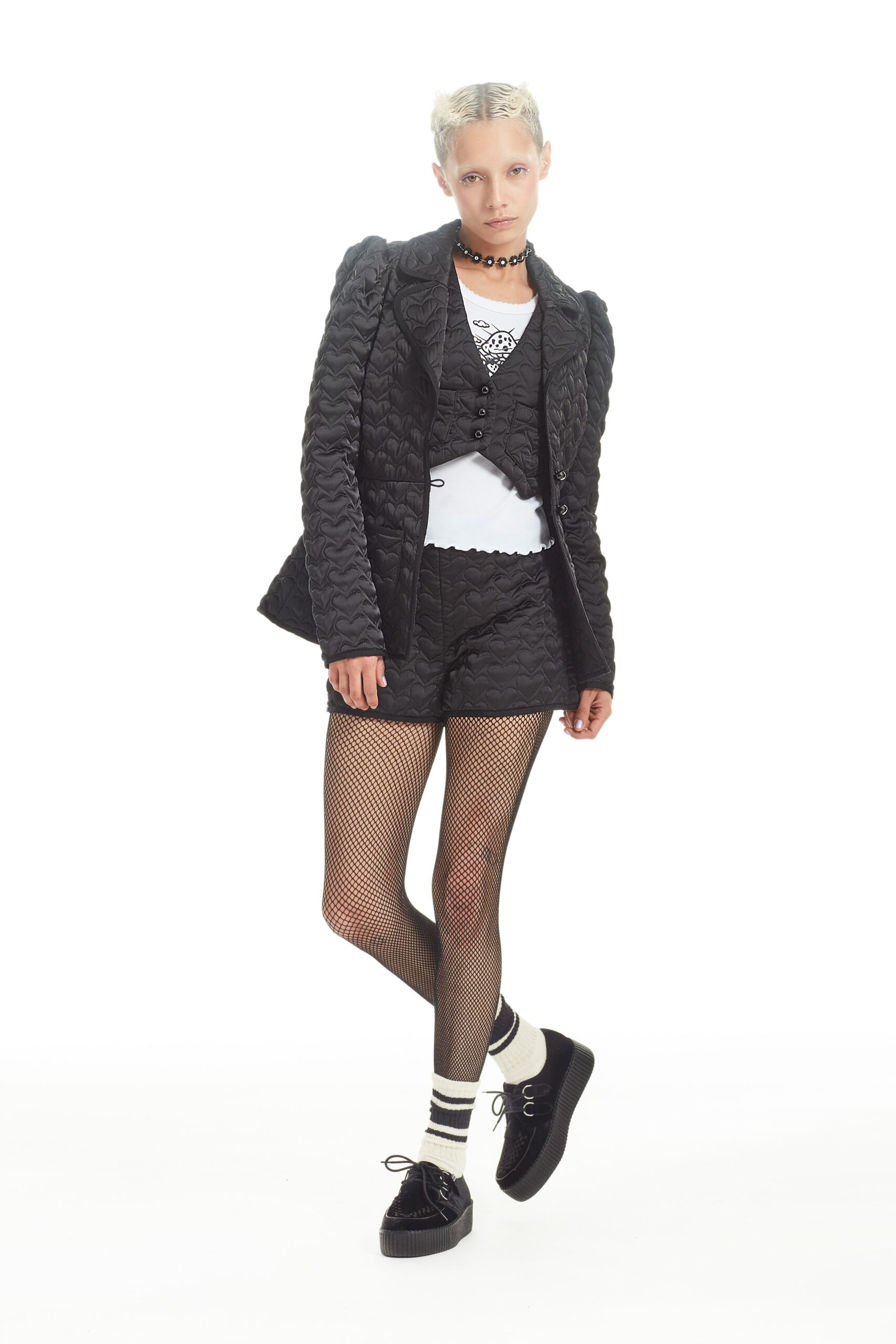 black quilted jacket with shorts