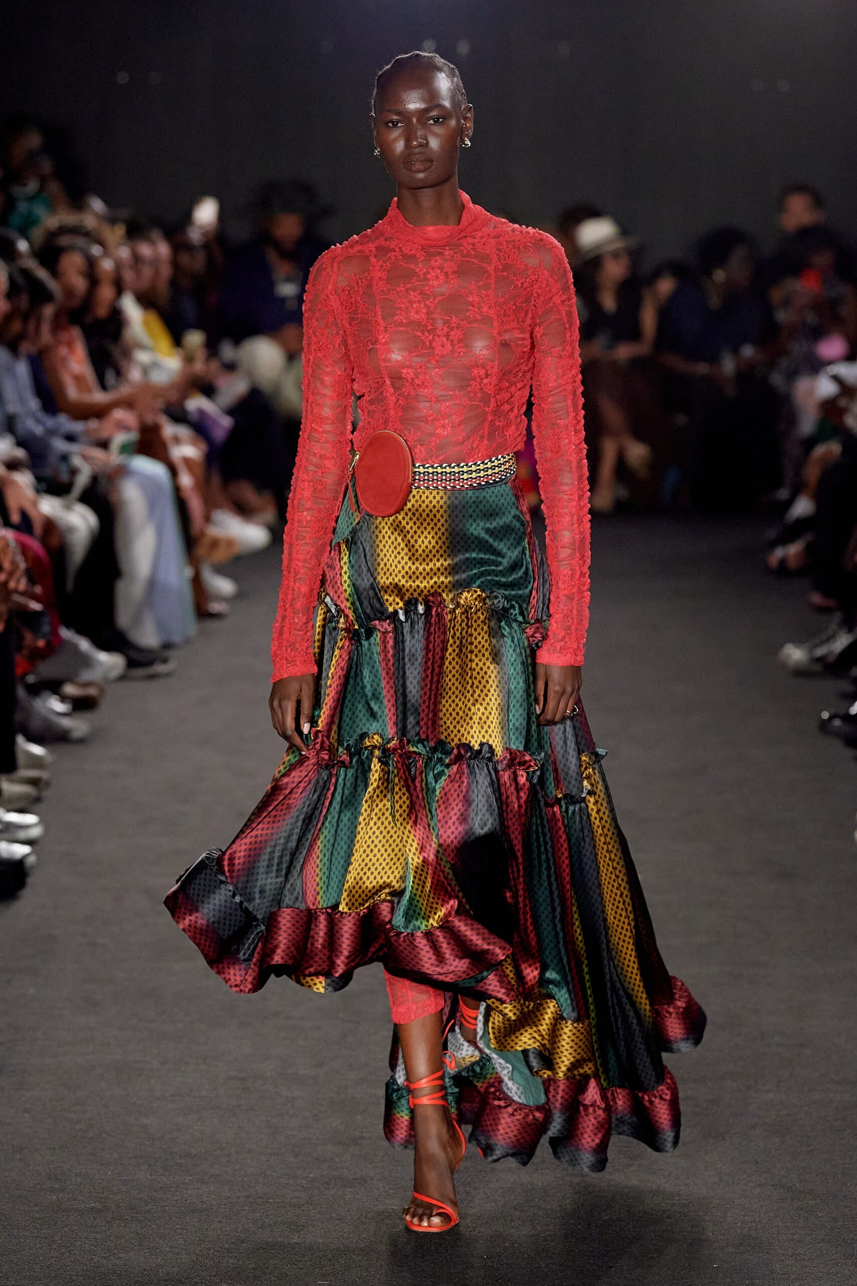 red lace top multi-tiered skirt