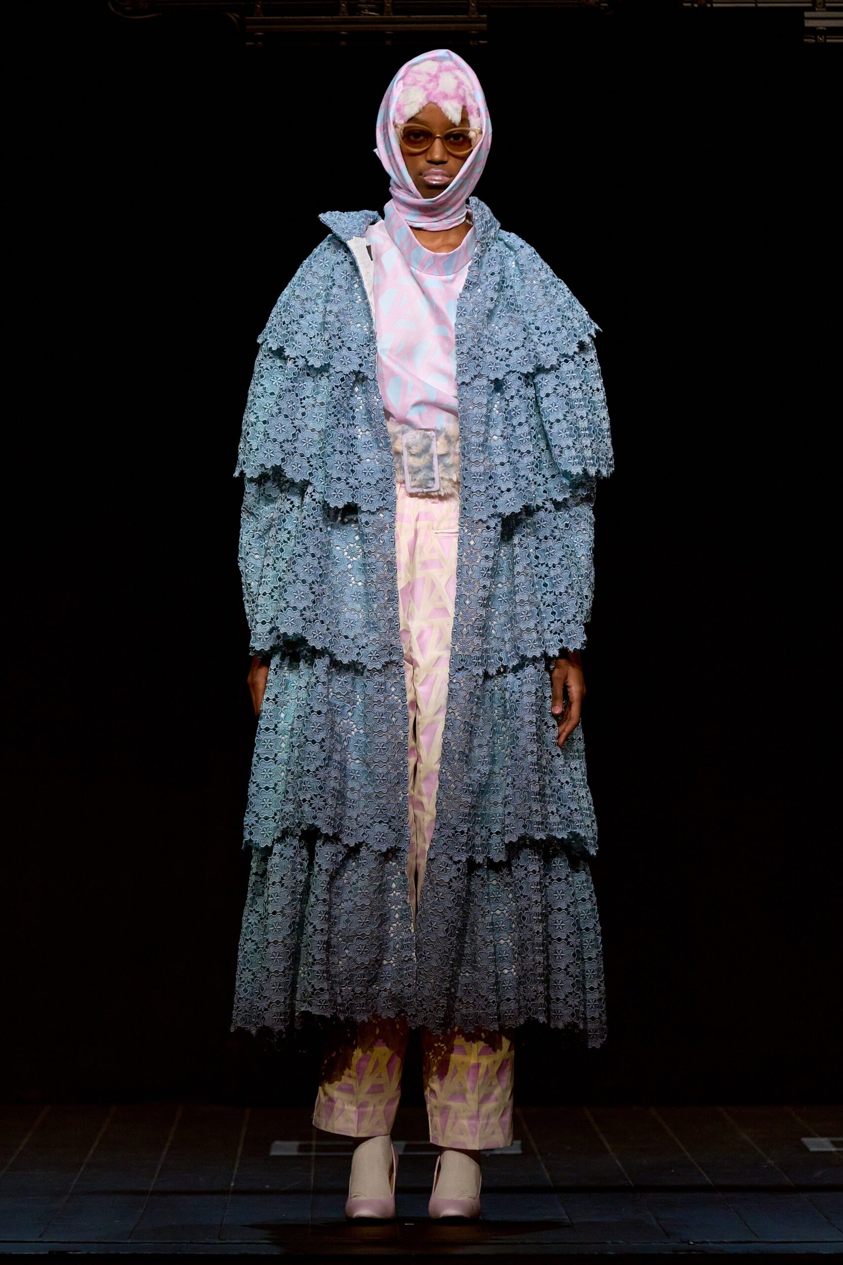 blue lace long-sleeve relaxed layered maxi coat