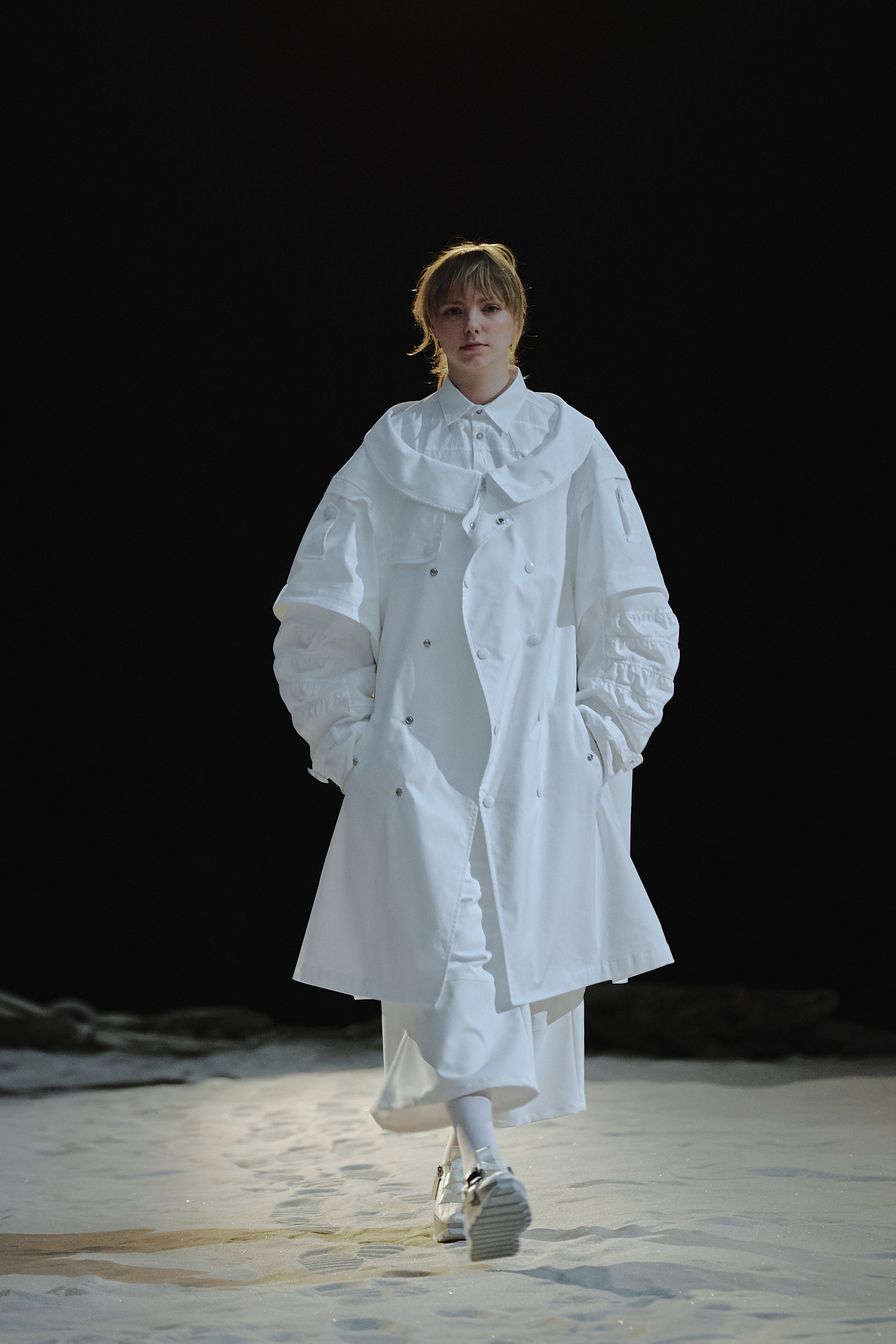 white oversized coat with fitted dress