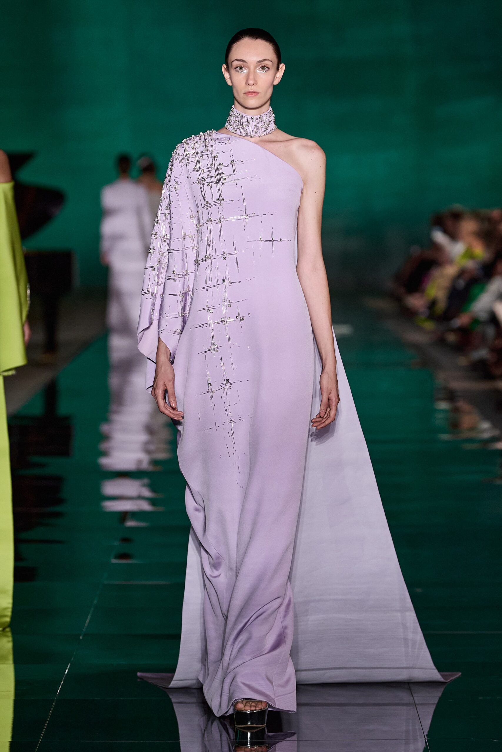 purple silk fitted gown