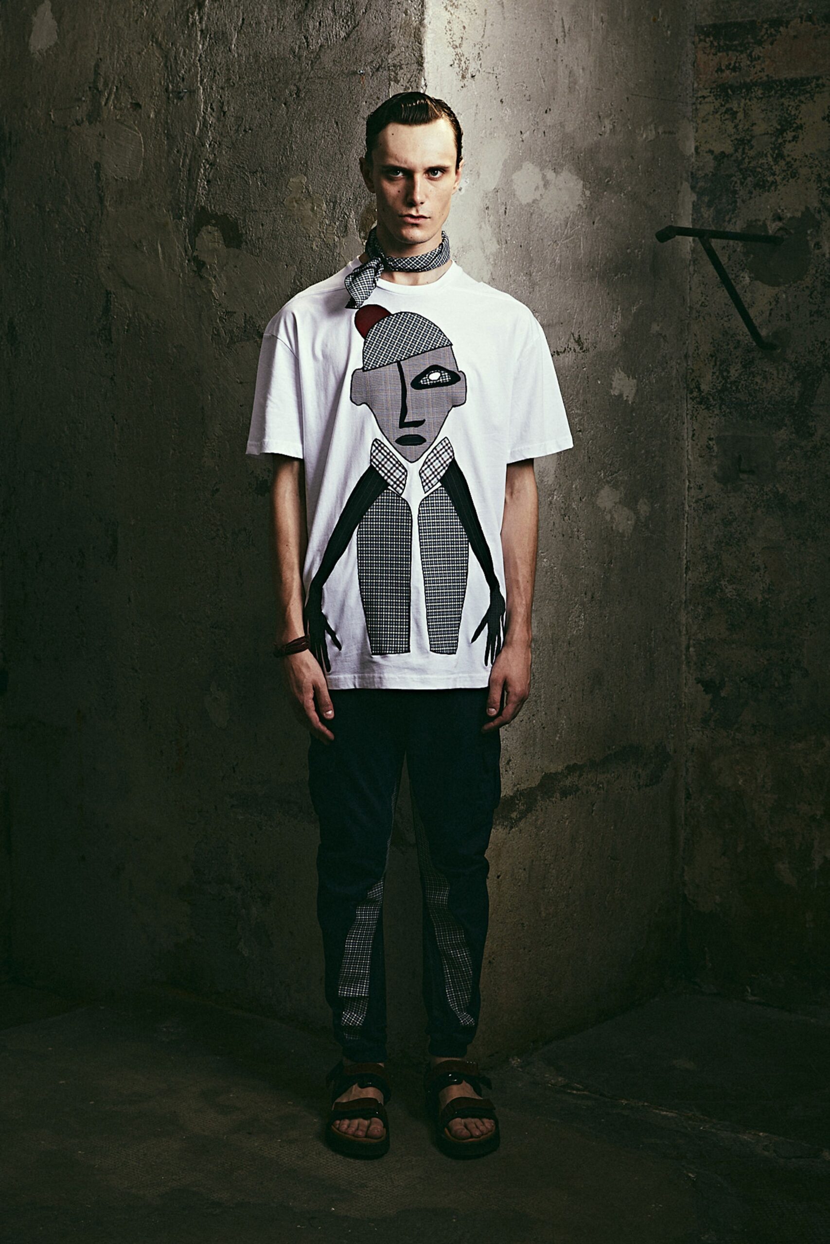 white printed t-shirt with denim pants