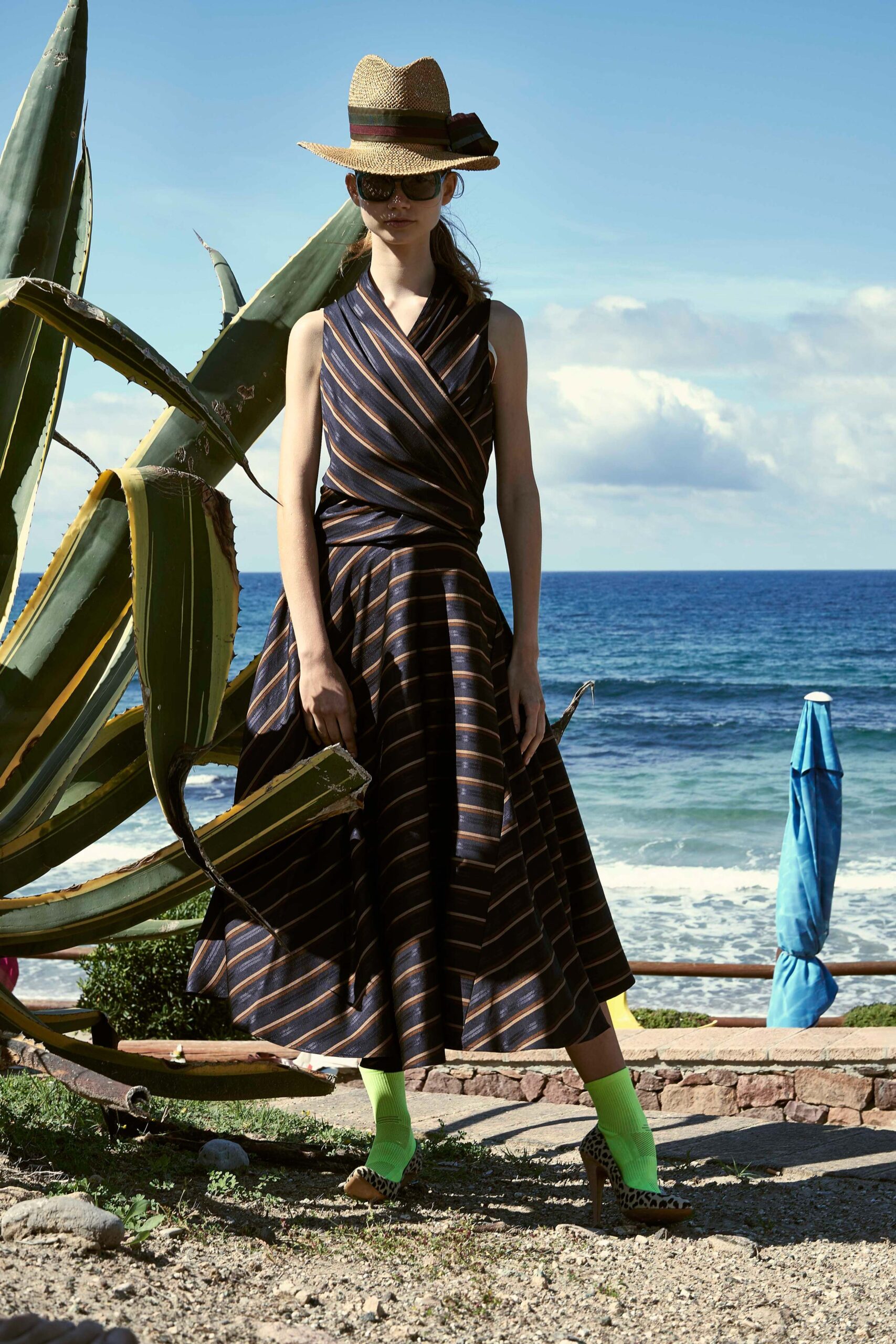 blue striped midi dress with hat