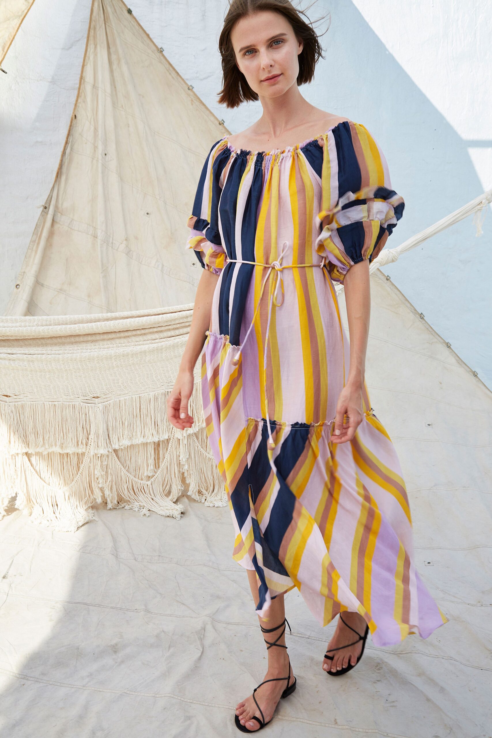 purple yellow blue striped midi dress