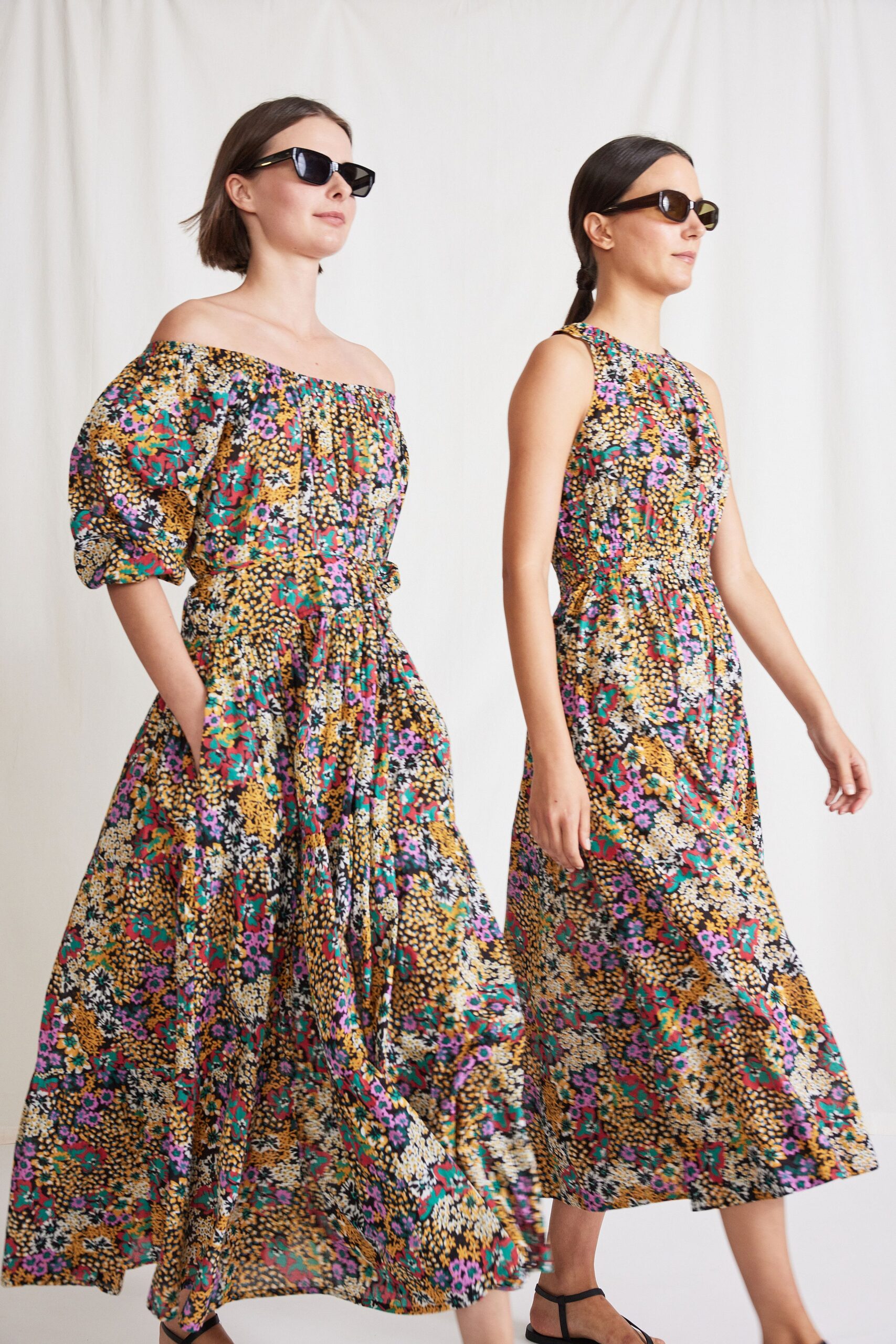 multi cotton sleeveless off-shoulder relaxed tiered flowing dress