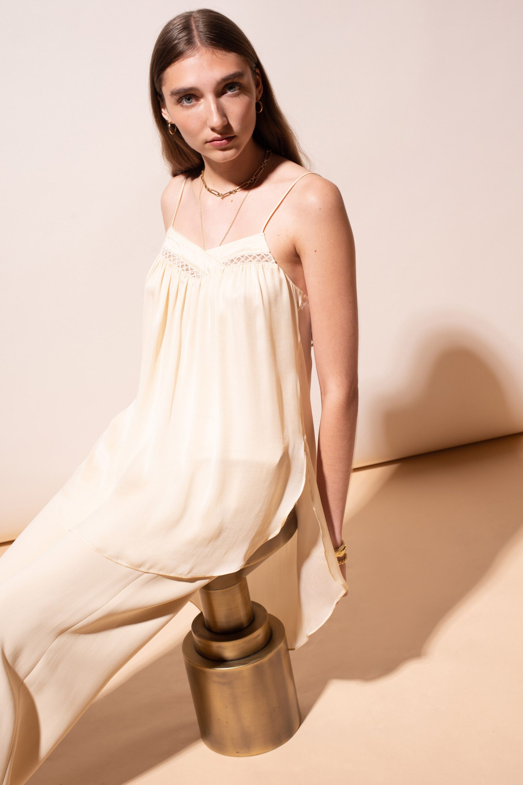 ivory silk relaxed top and fitted pants