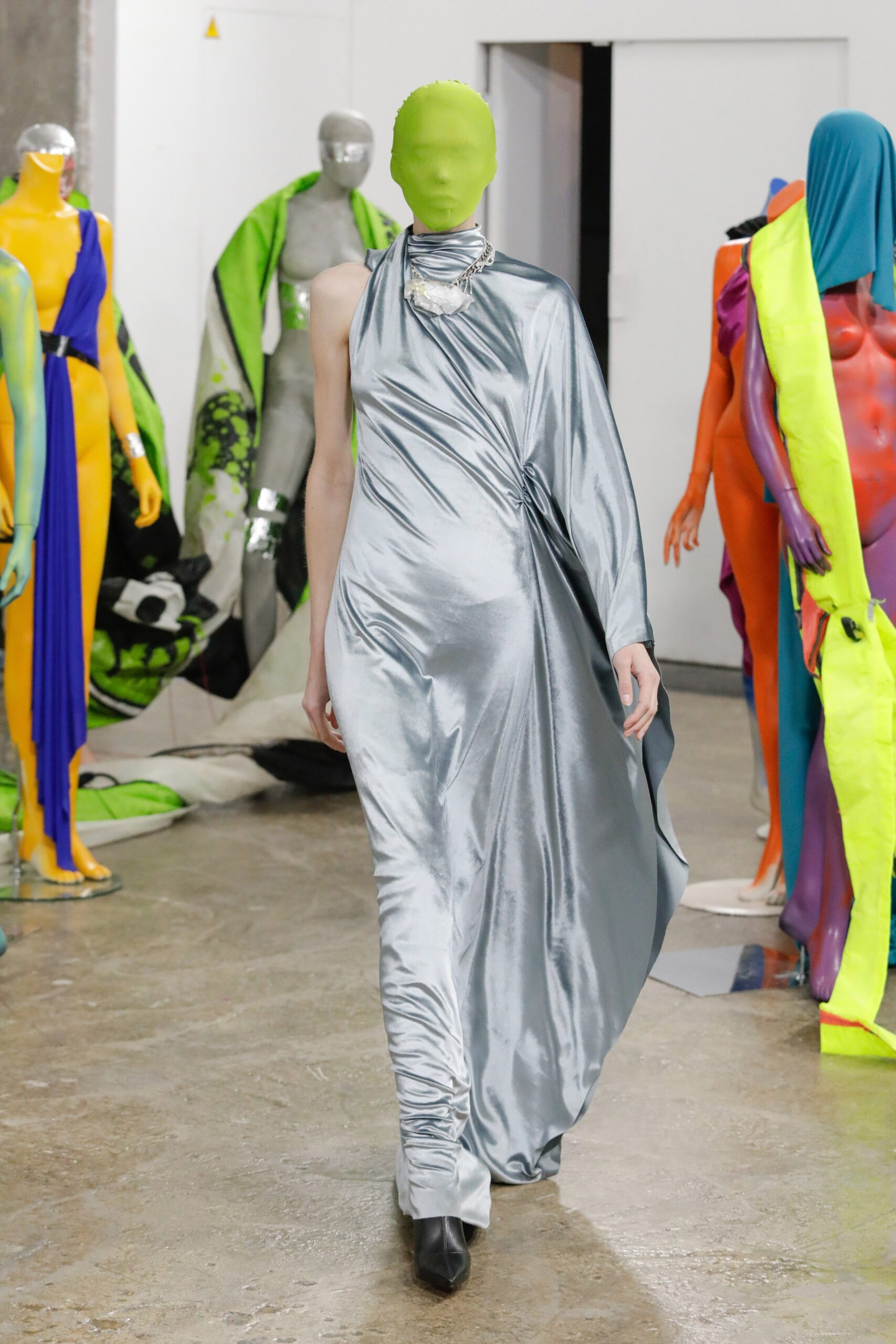 fitted silver satin midi dress