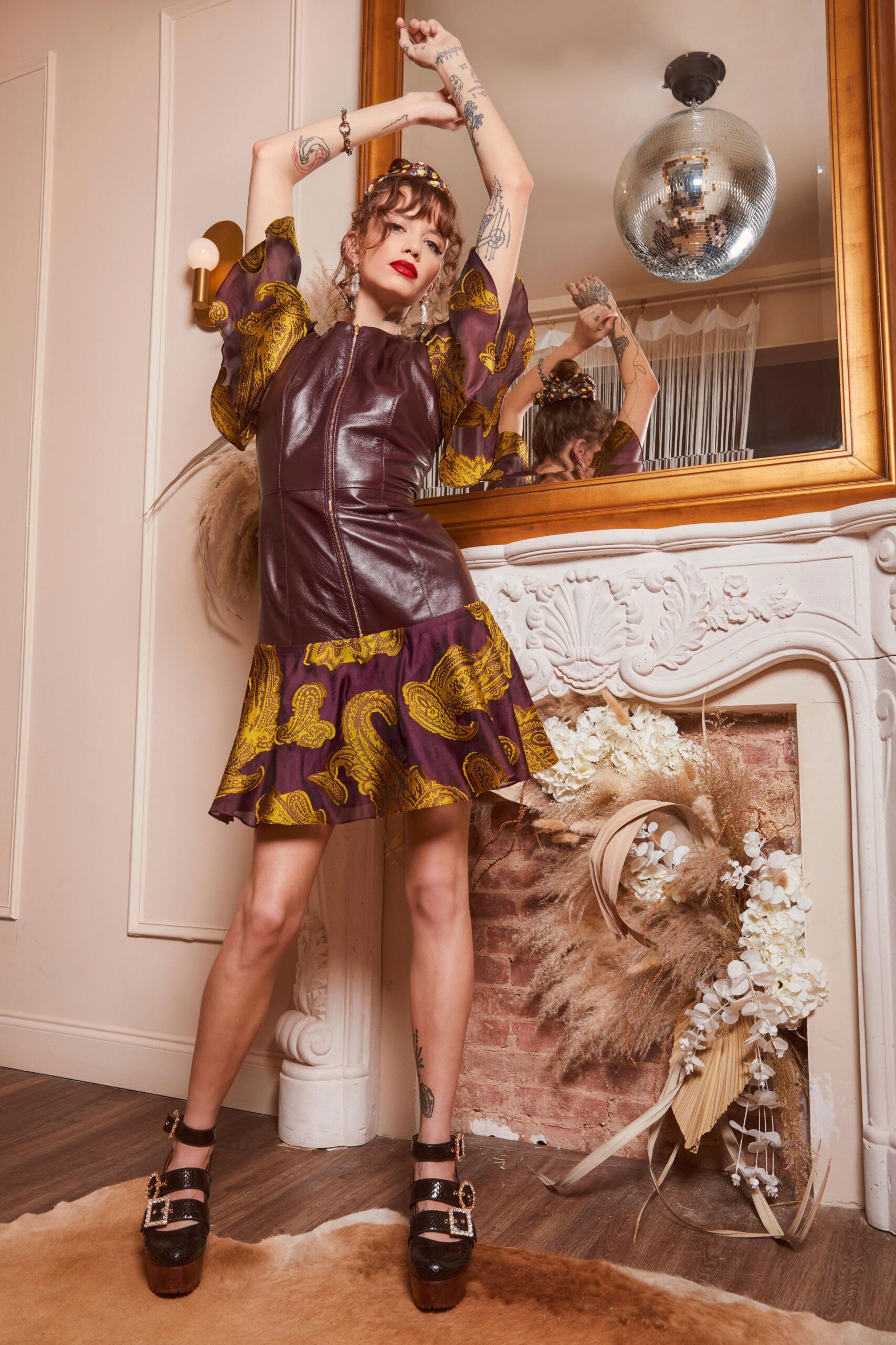 purple and yellow flared mini dress