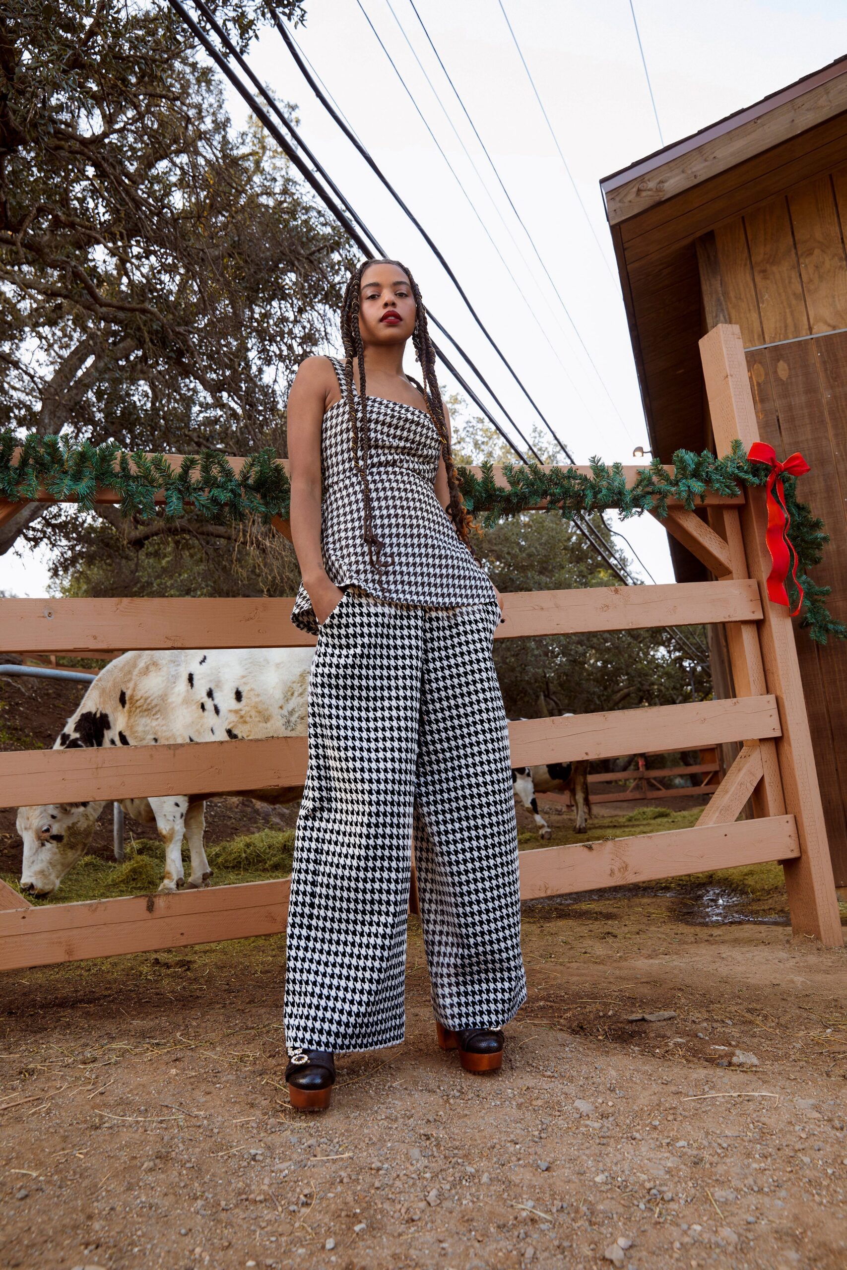 black and white checked top and pants