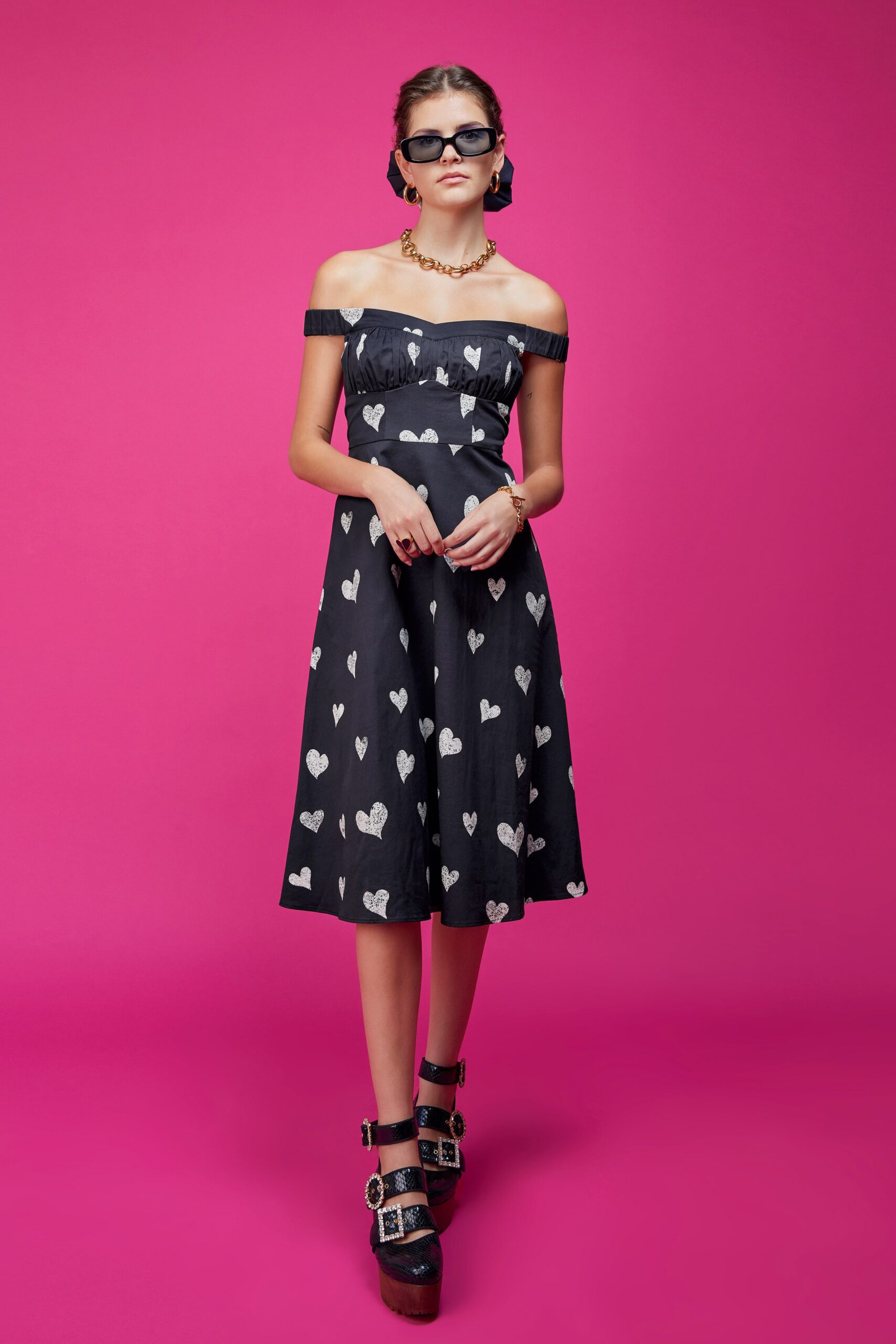 black and white printed midi dress