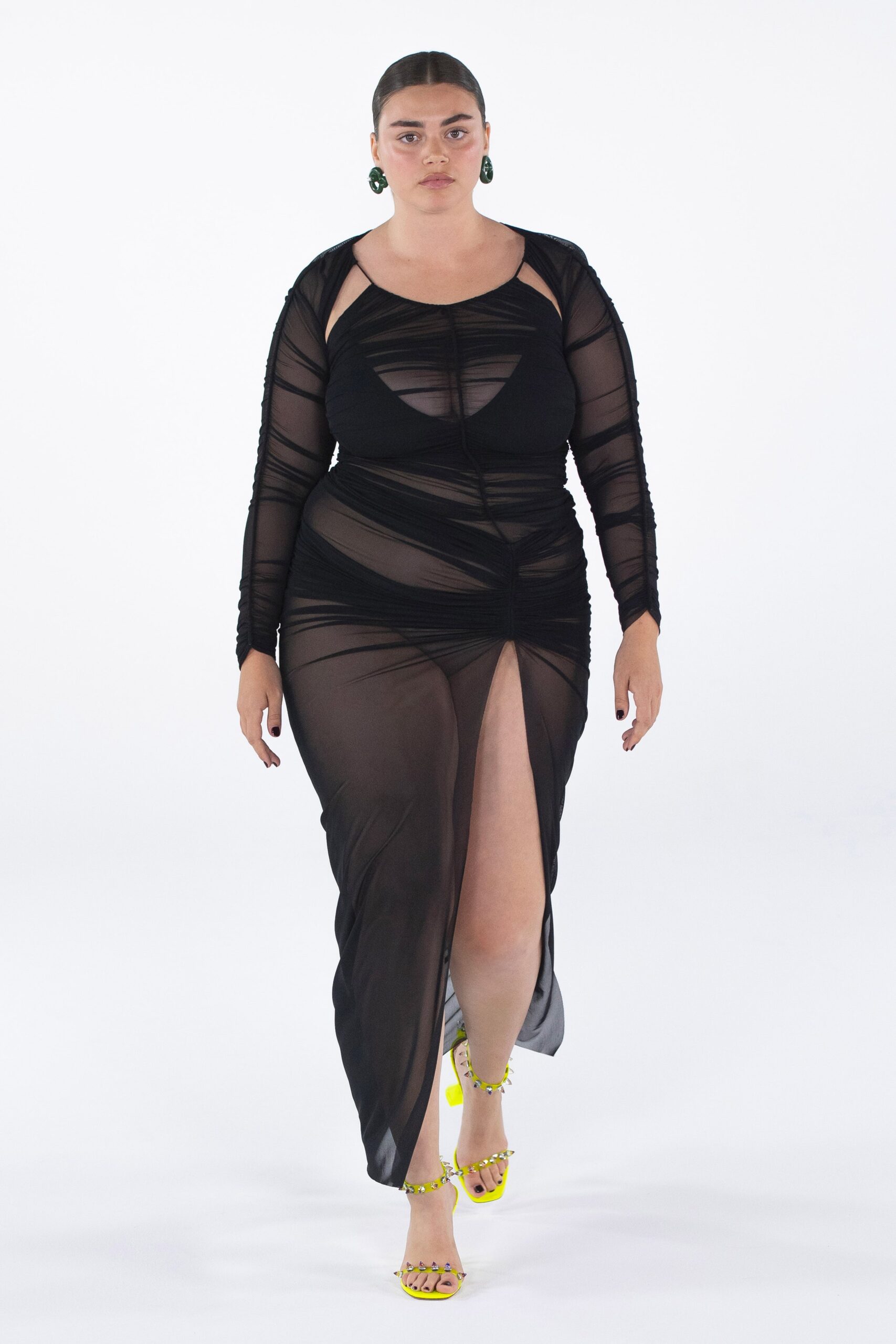 black sheer ruched maxi dress