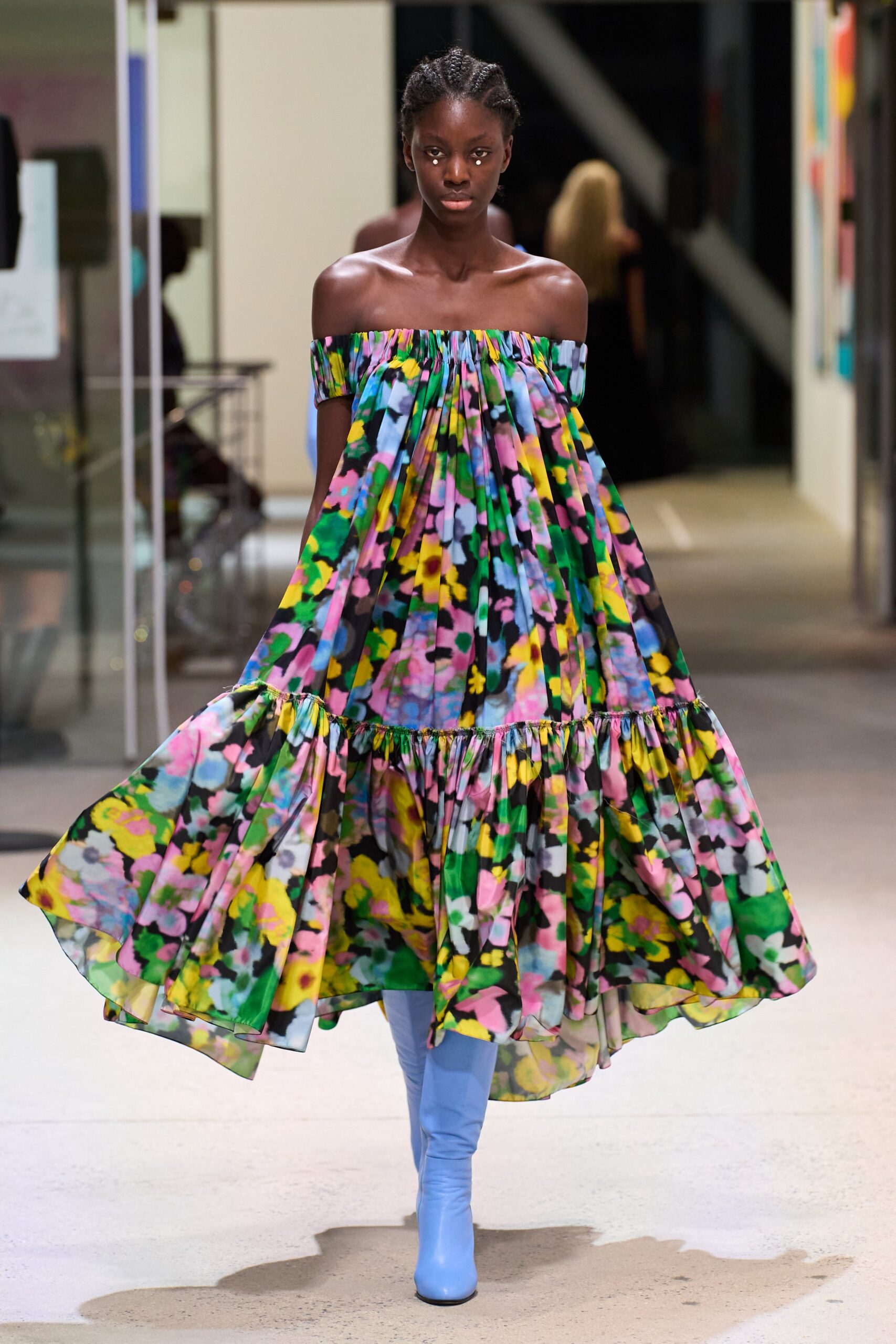 multi-colored off-shoulder maxi dress