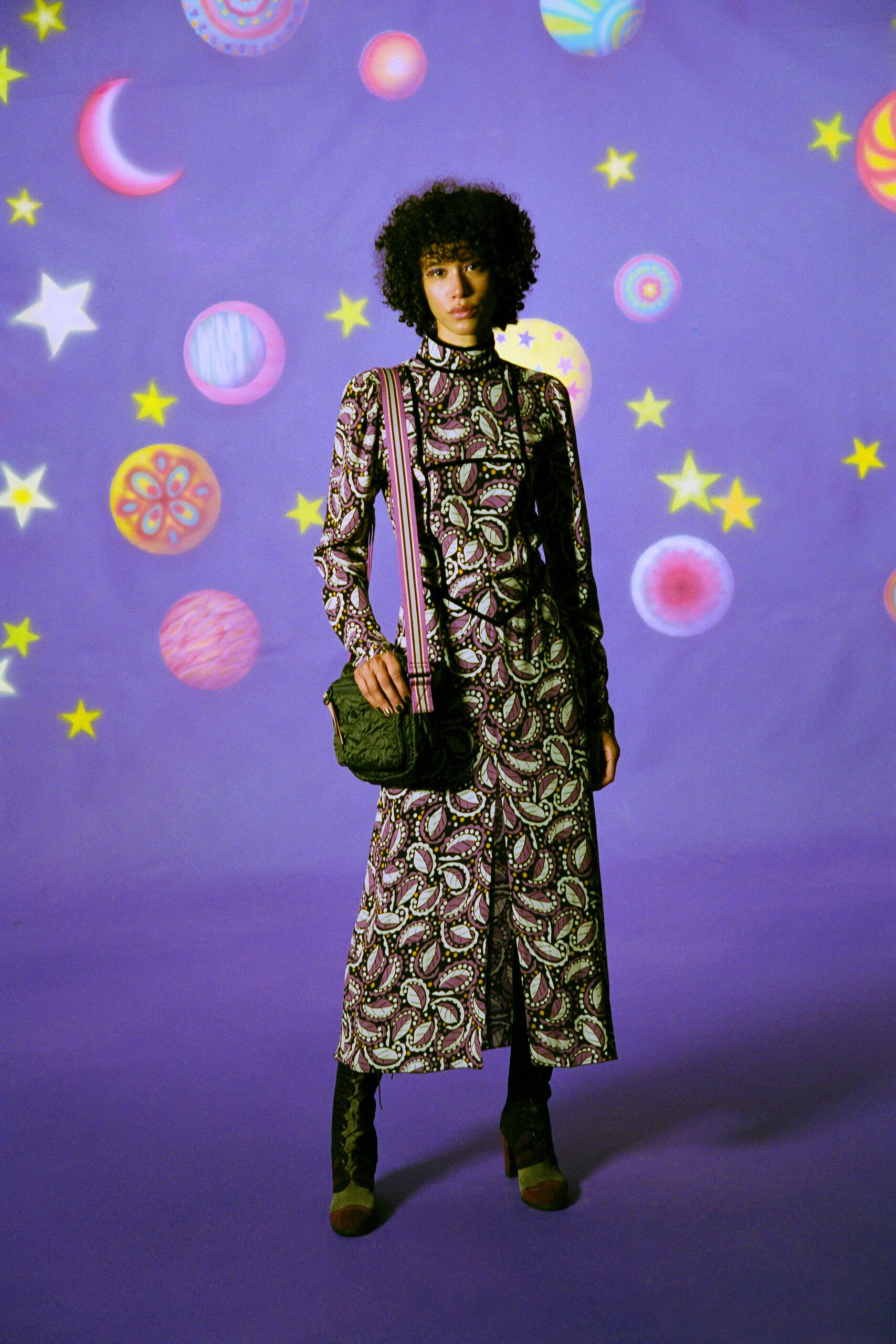 printed midi dress with bag