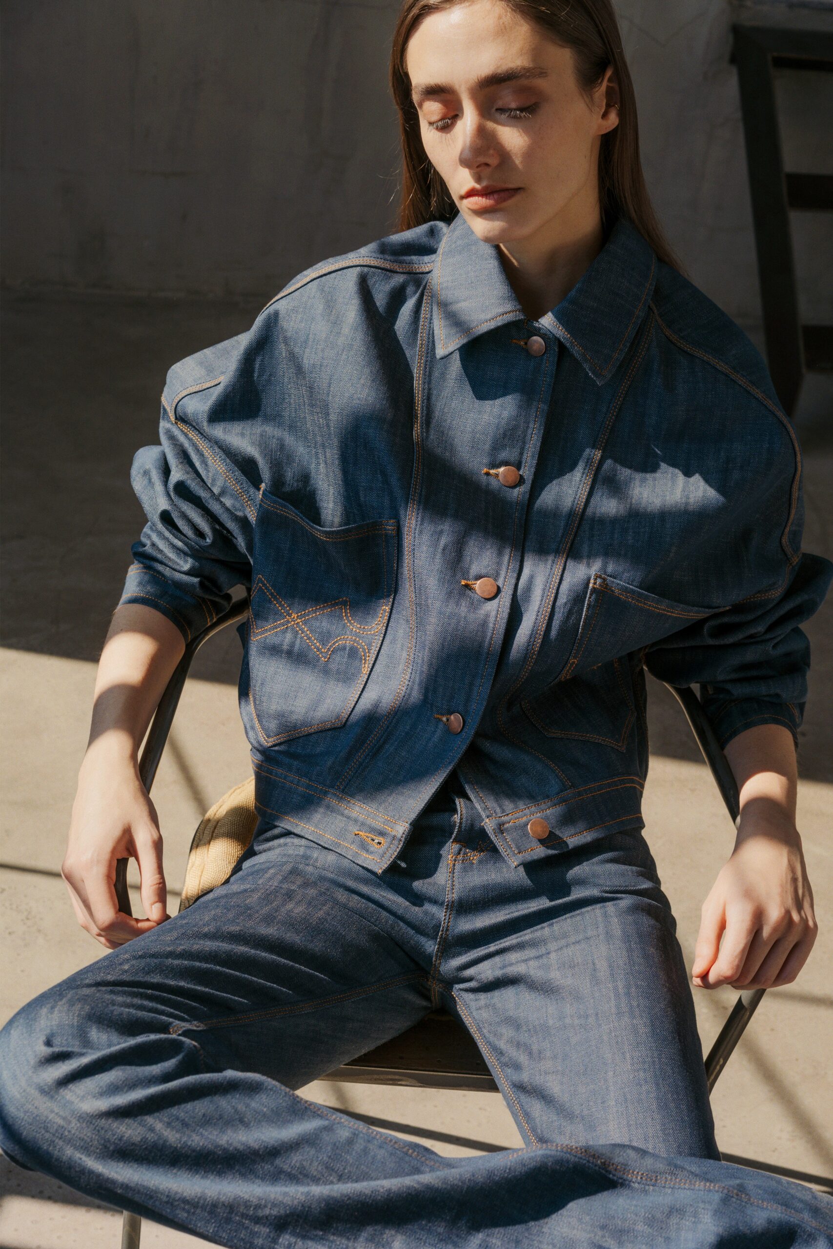 blue denim jacket and pants