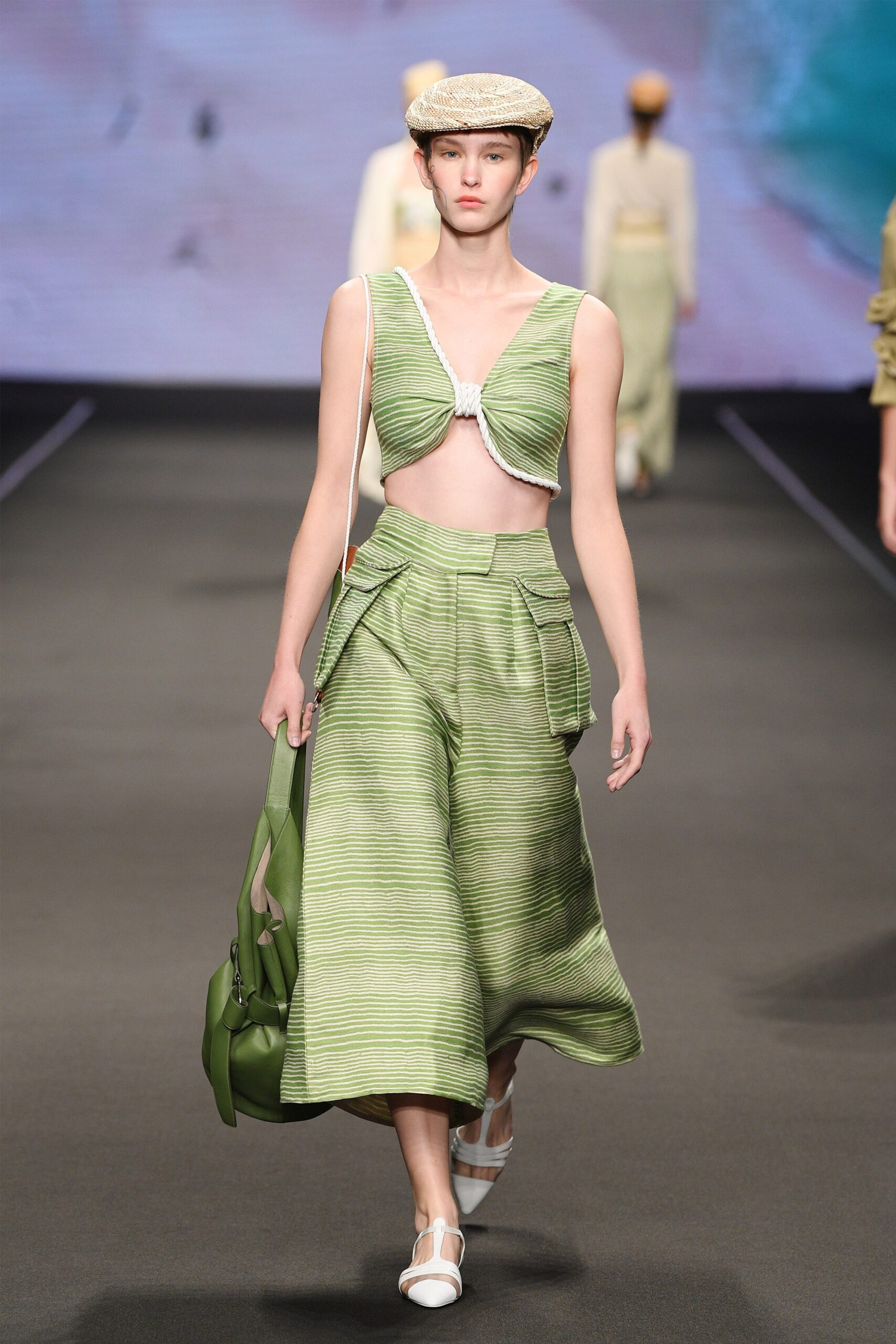 green cotton sleeveless v-neck fitted pleated top
