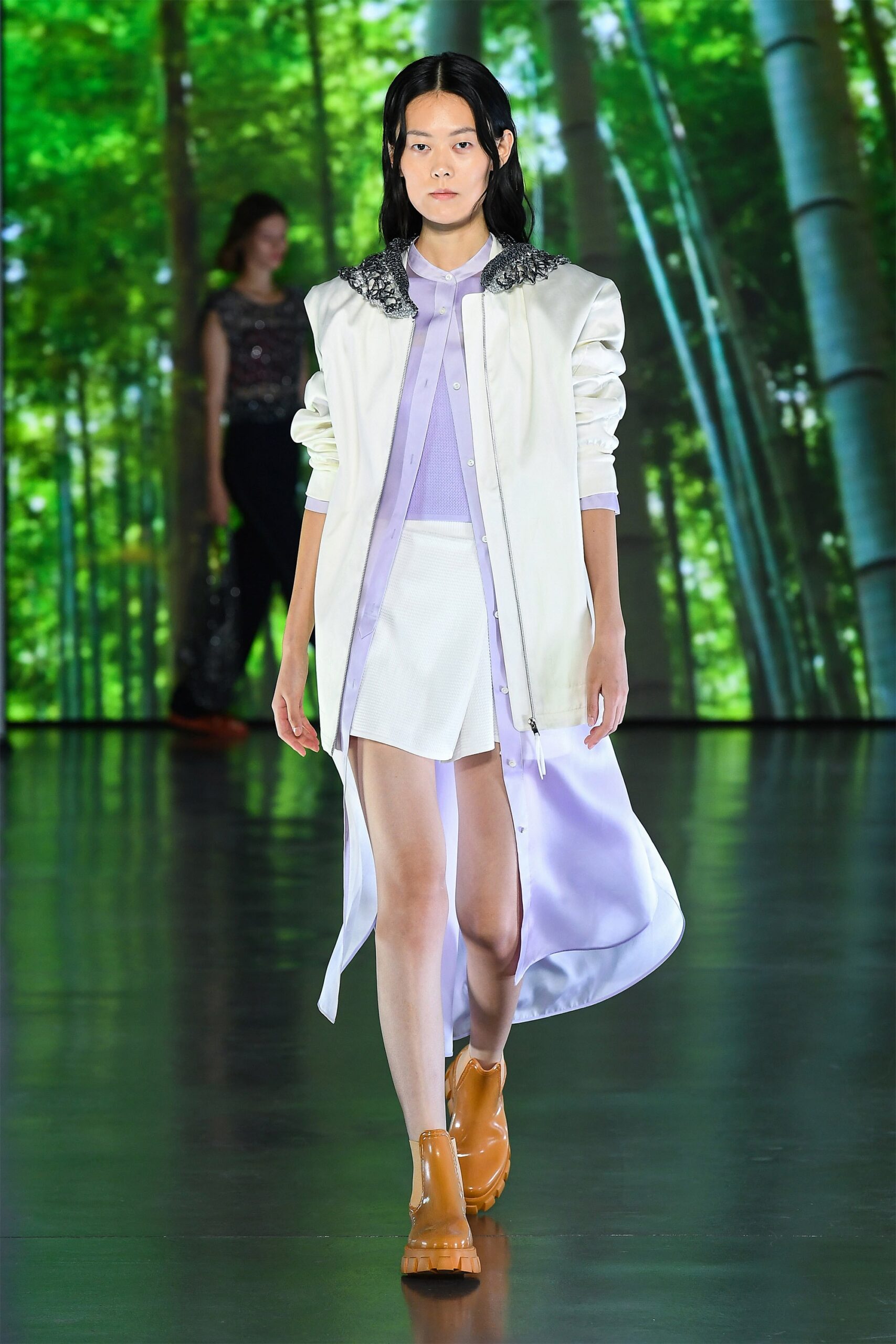 white silk long-sleeve collared relaxed buttoned midi coat