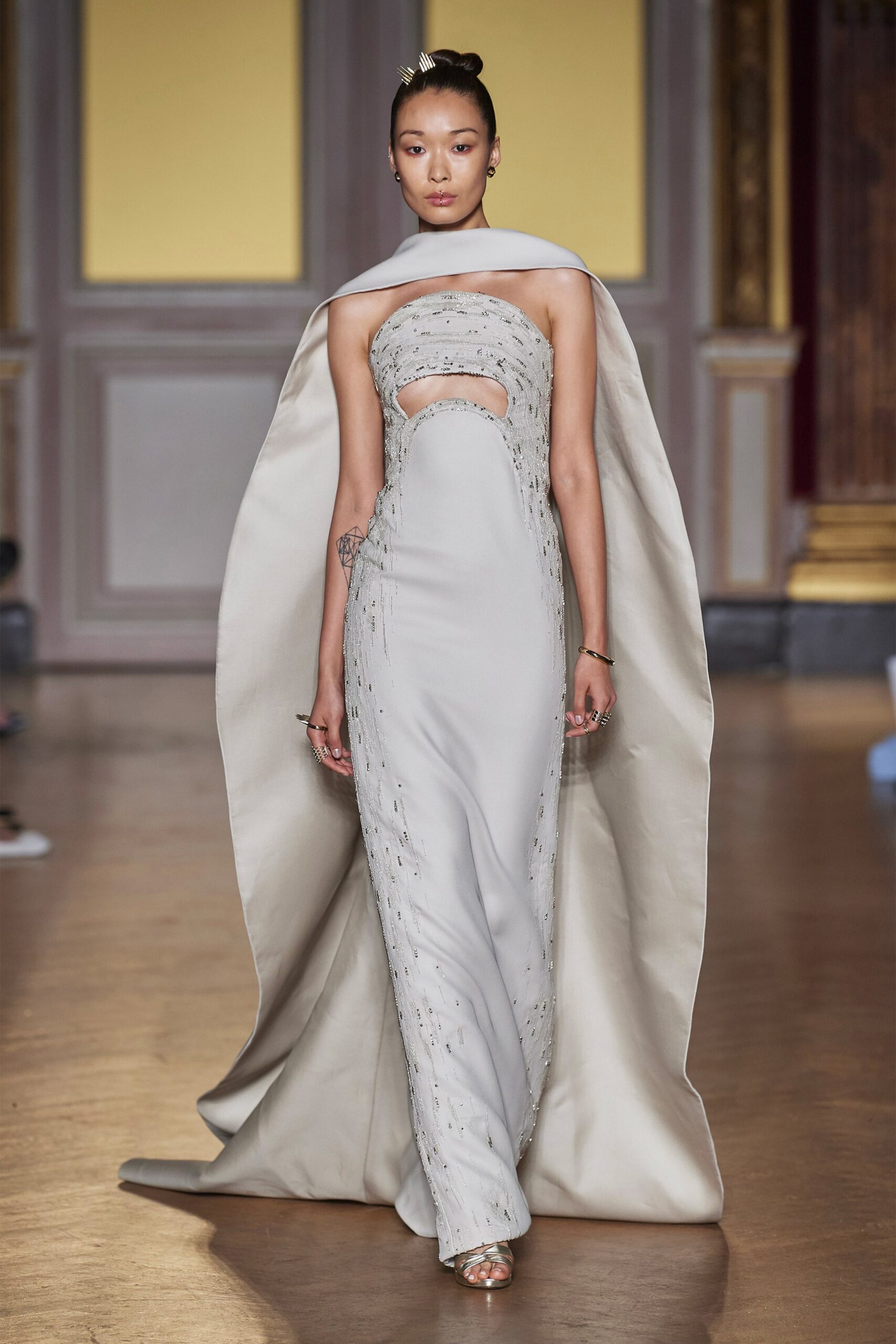 gray silk fitted gown with cape