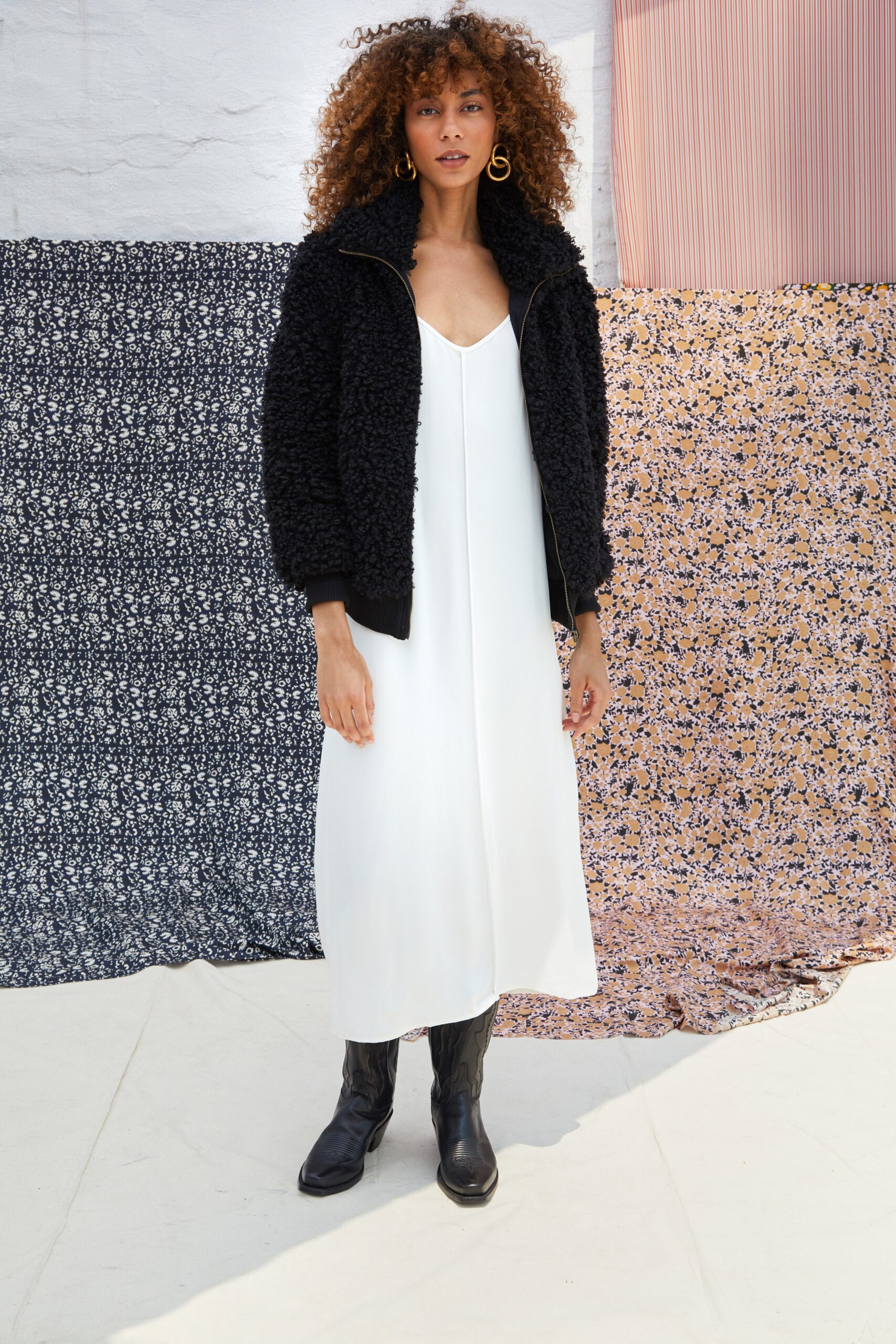 white silk midi dress with black jacket