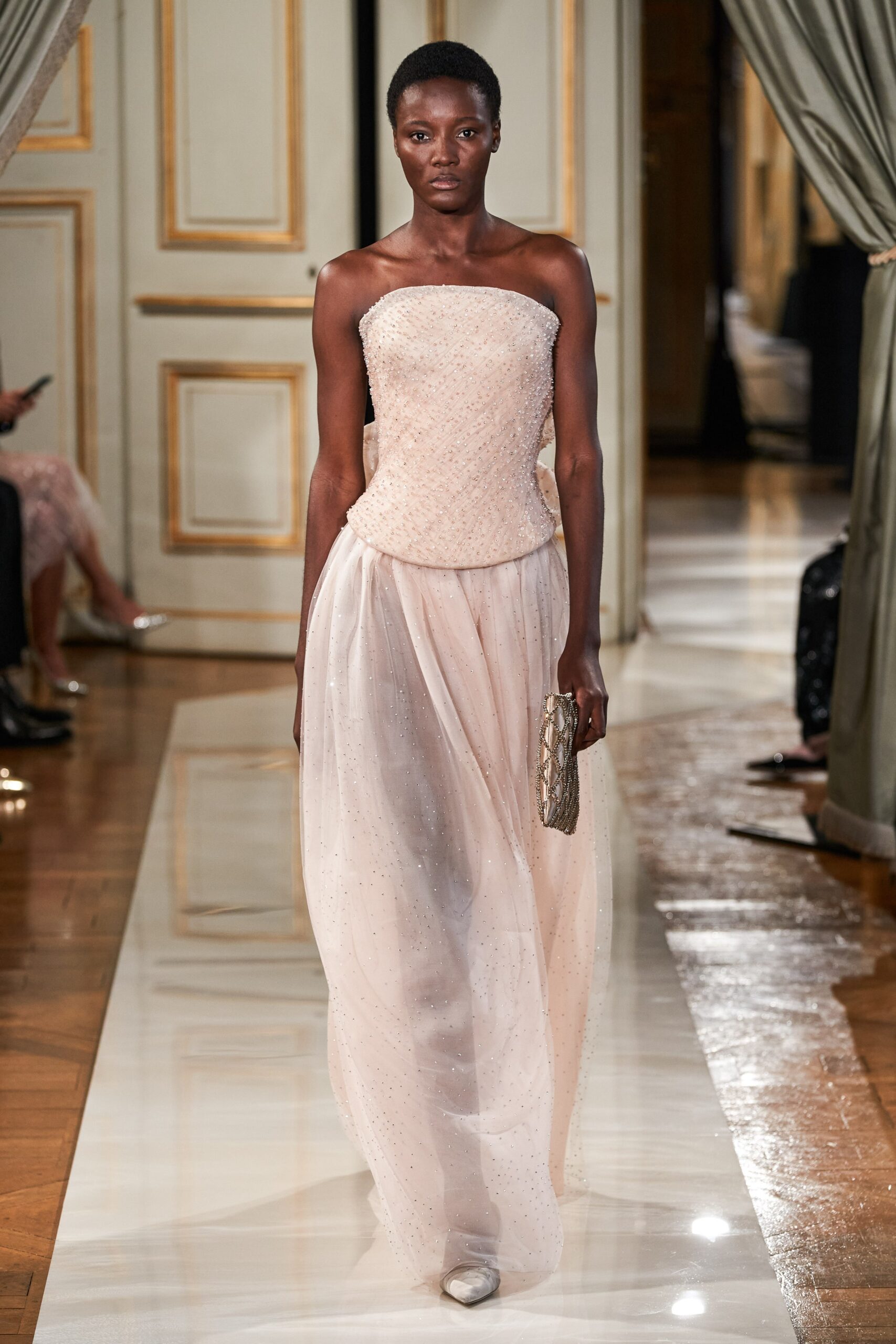 pink silk strapless gown