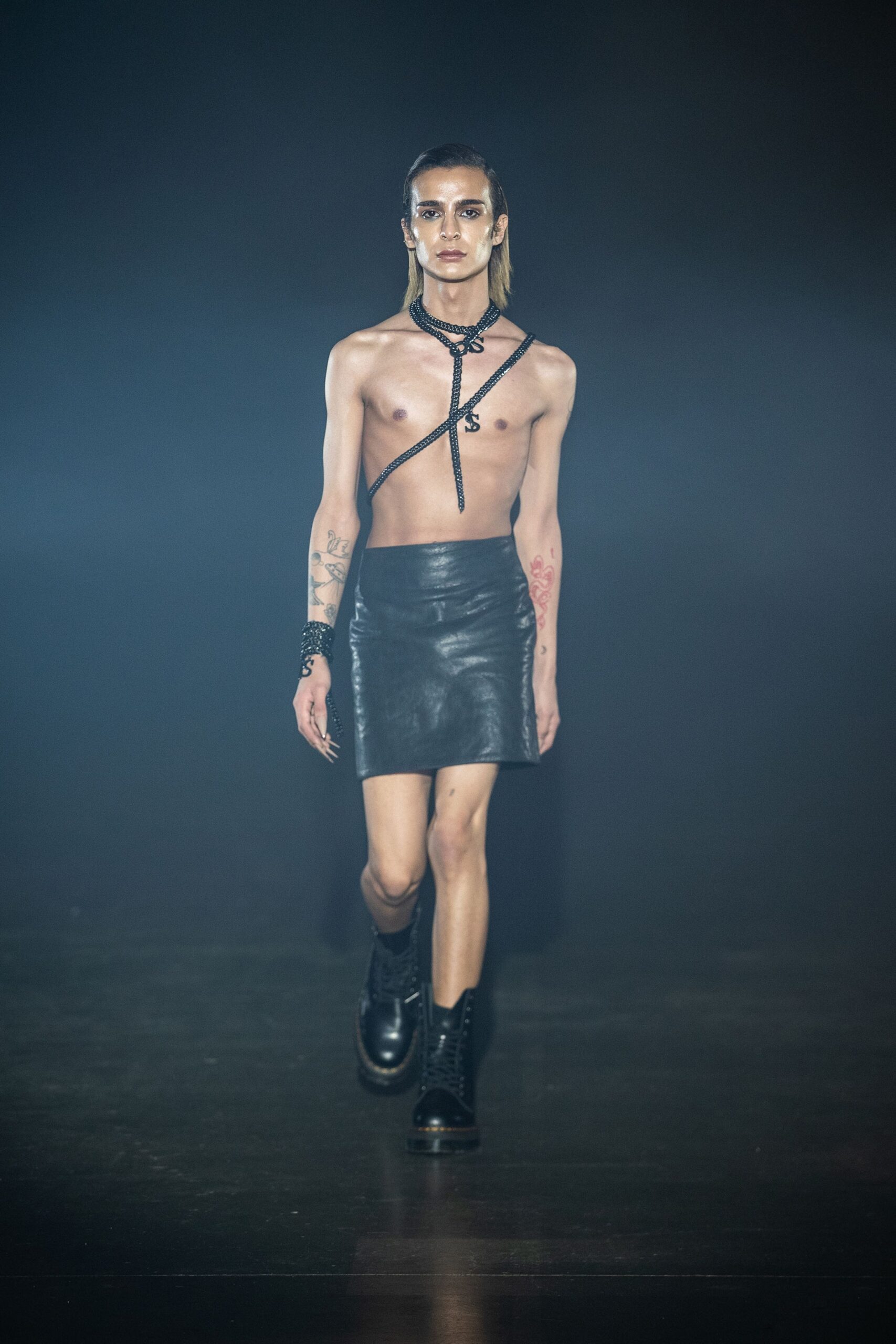 black leather mini skirt and top