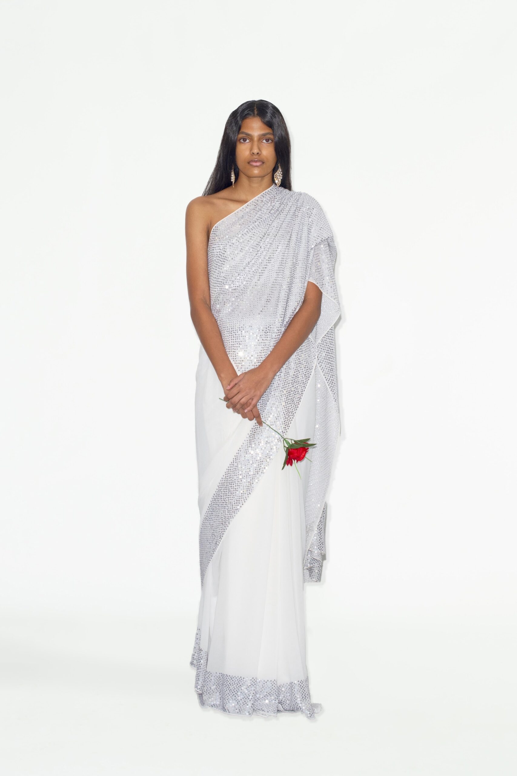 white chiffon off-shoulder gown