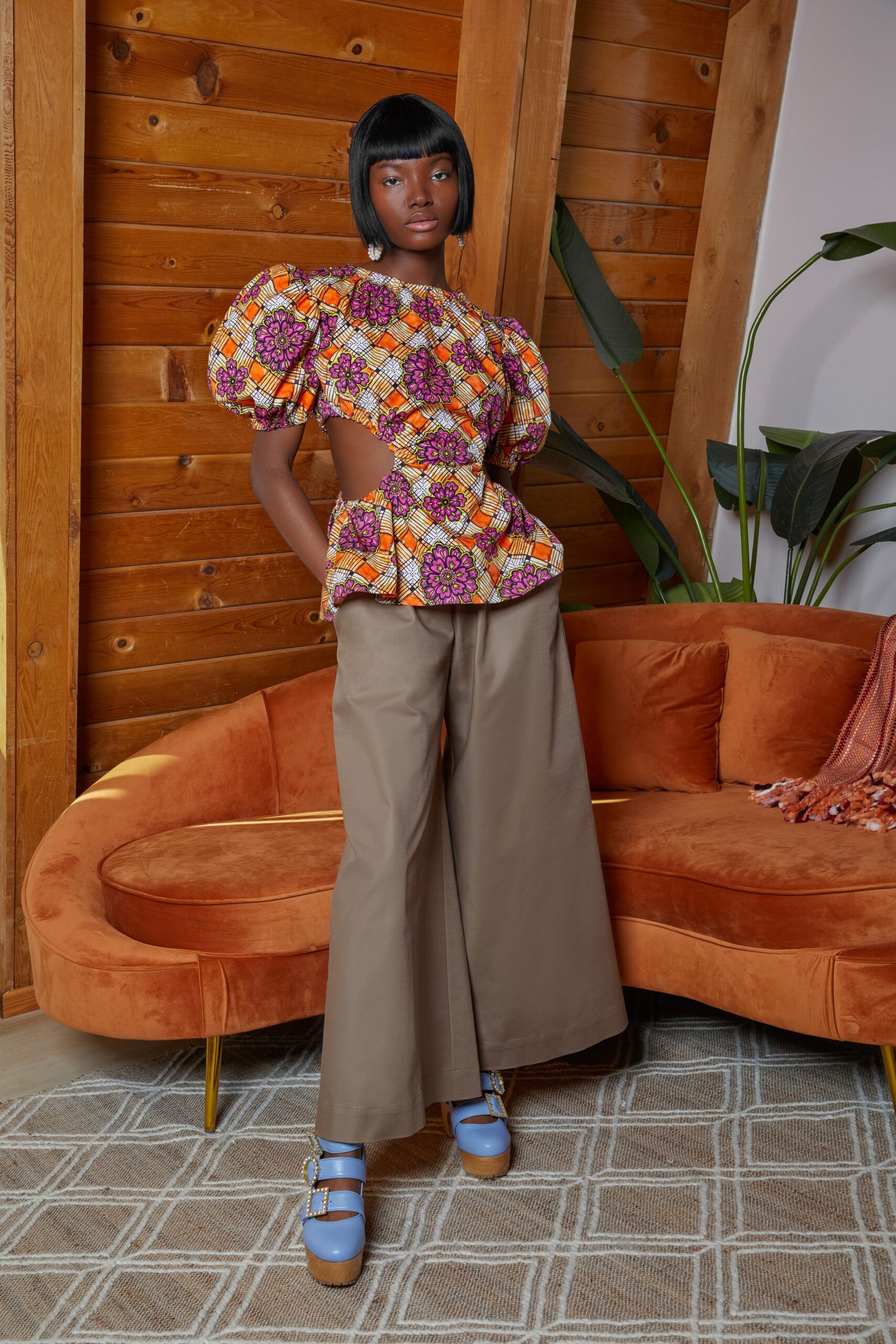 multi-colored ruffled top with relaxed pants