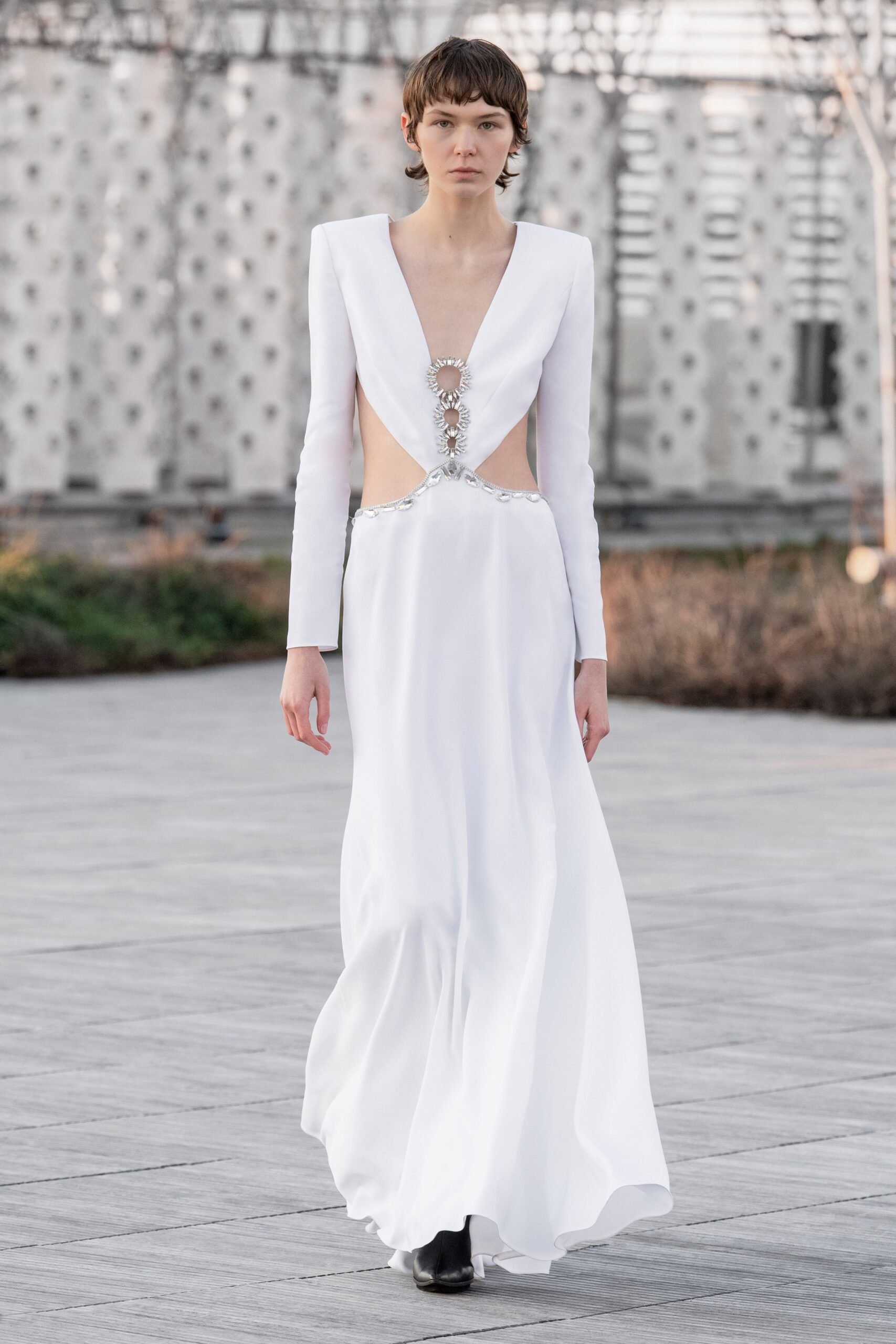 white silk fitted gown