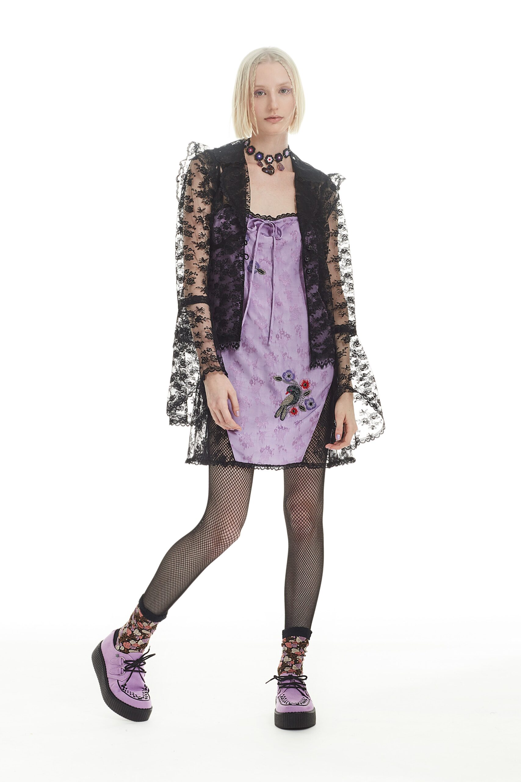 purple silk mini dress with black lace coat