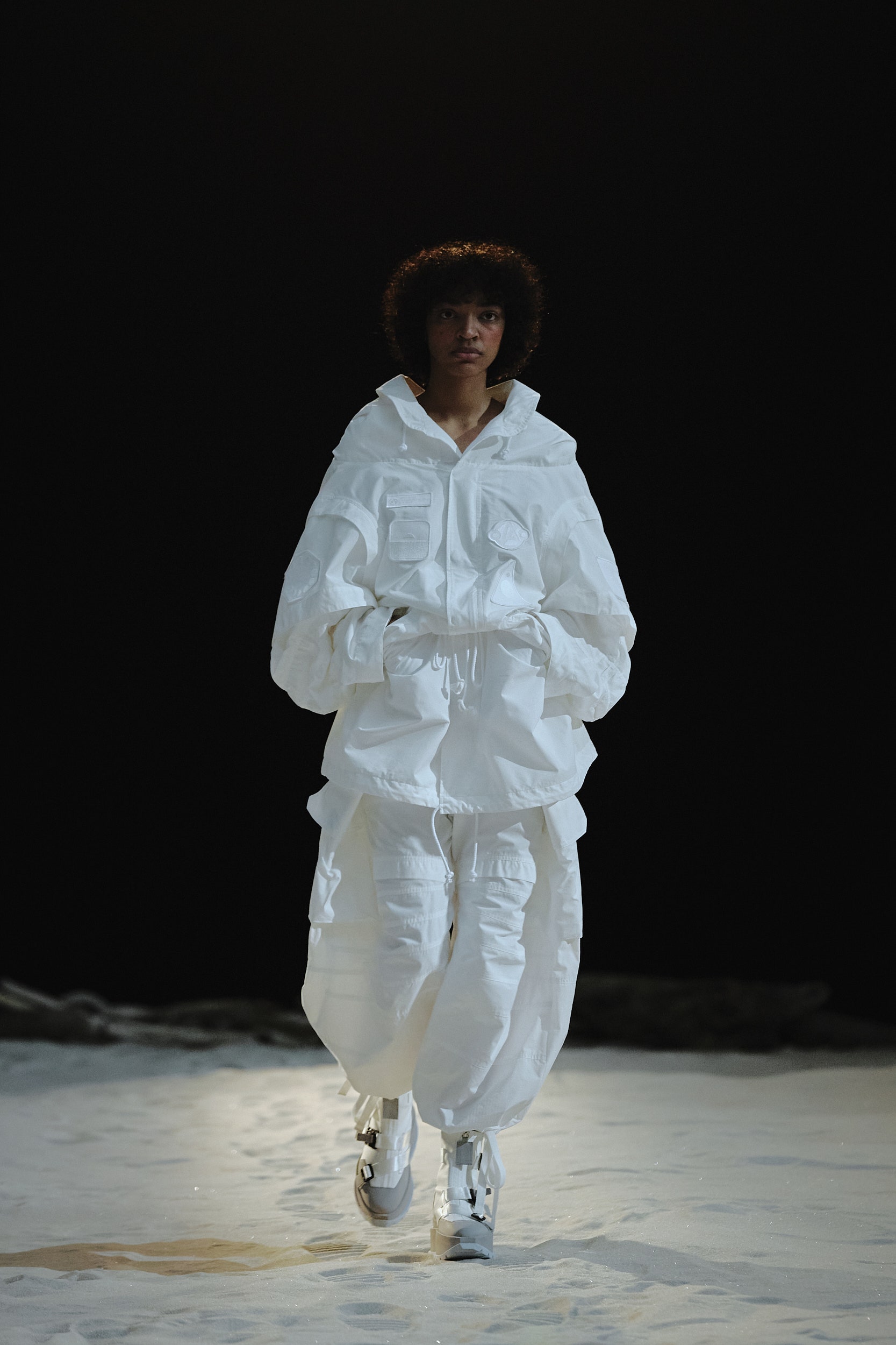 white oversized jacket and cargo pants