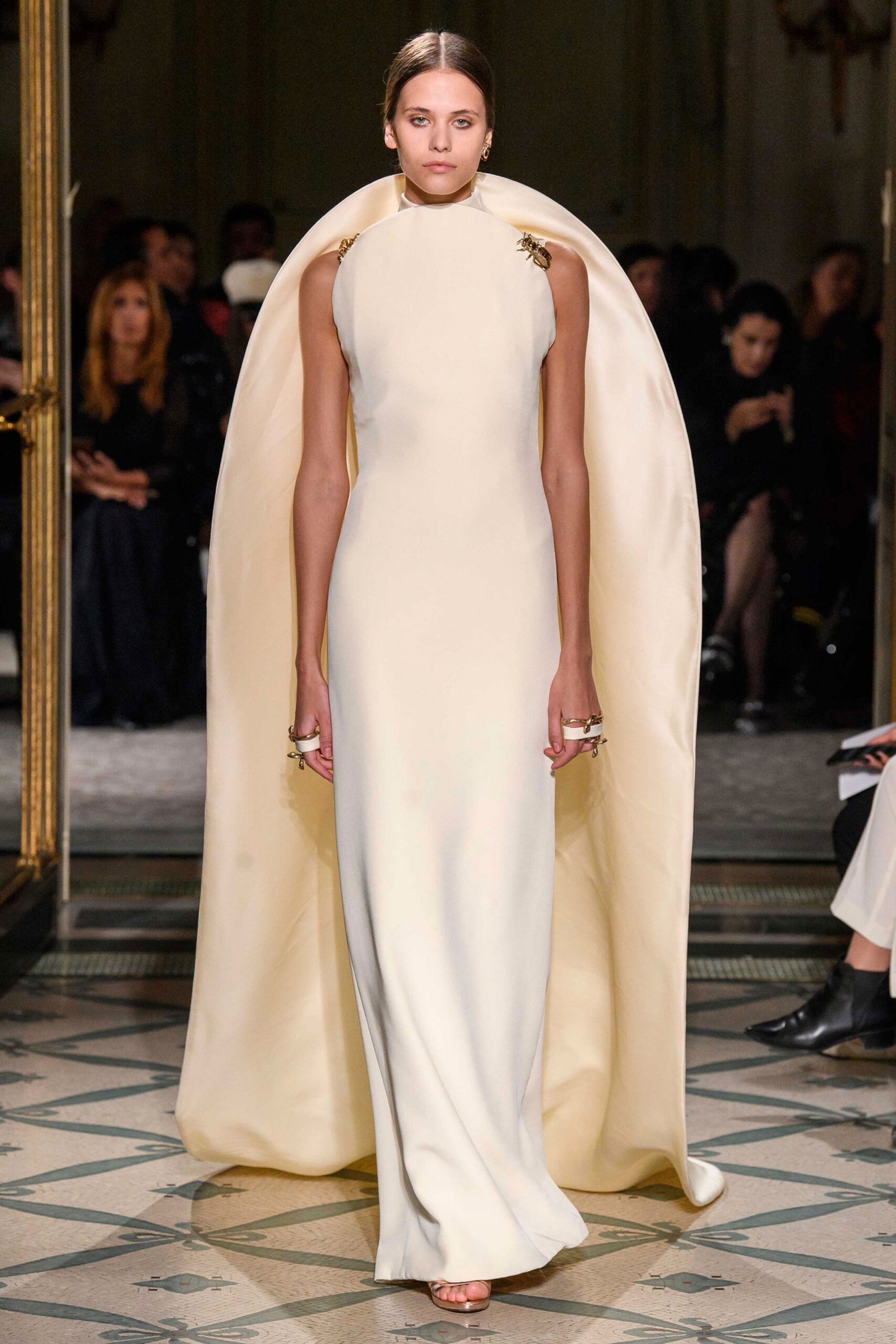 white silk structured draped cape