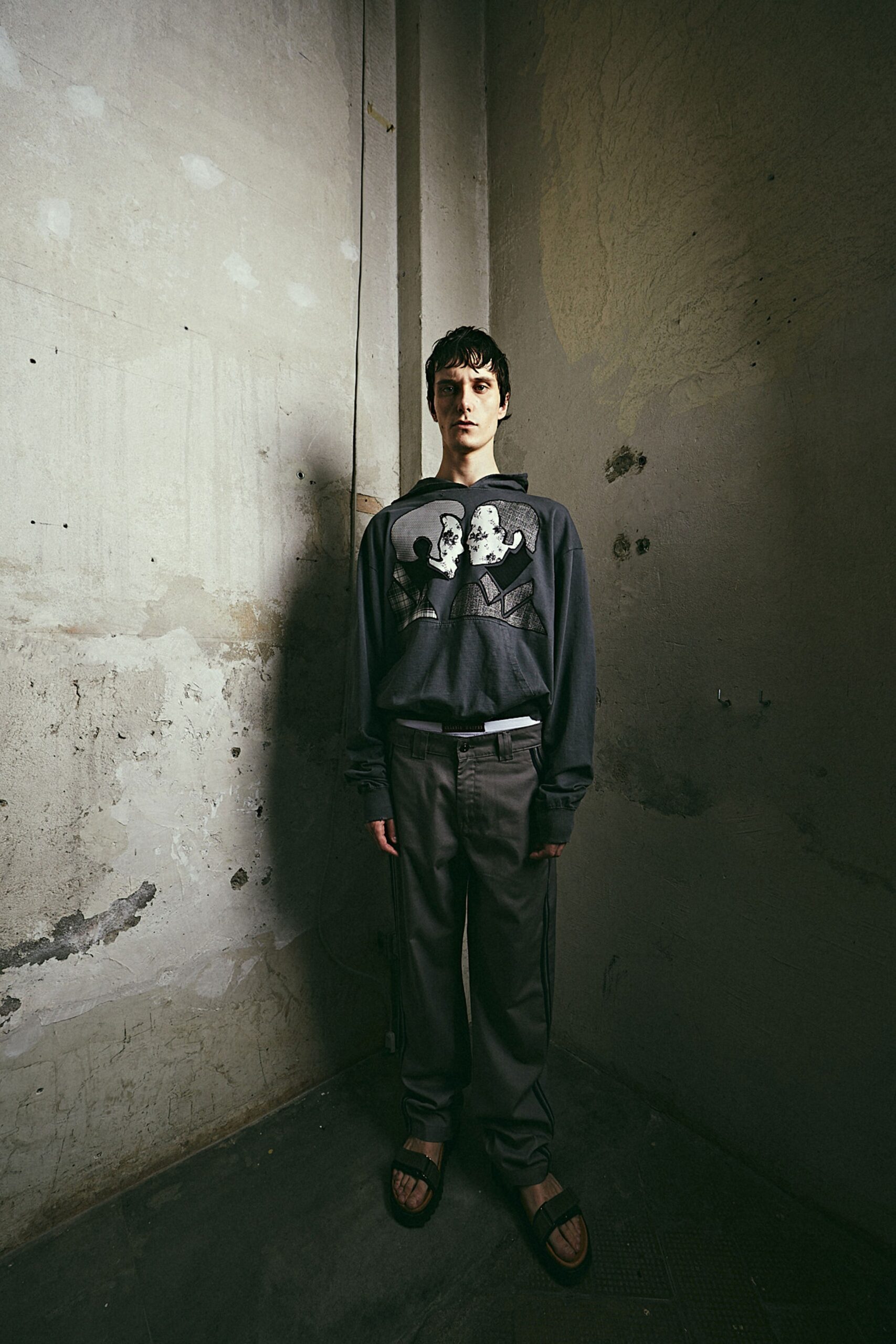 black printed sweater gray cargo pants