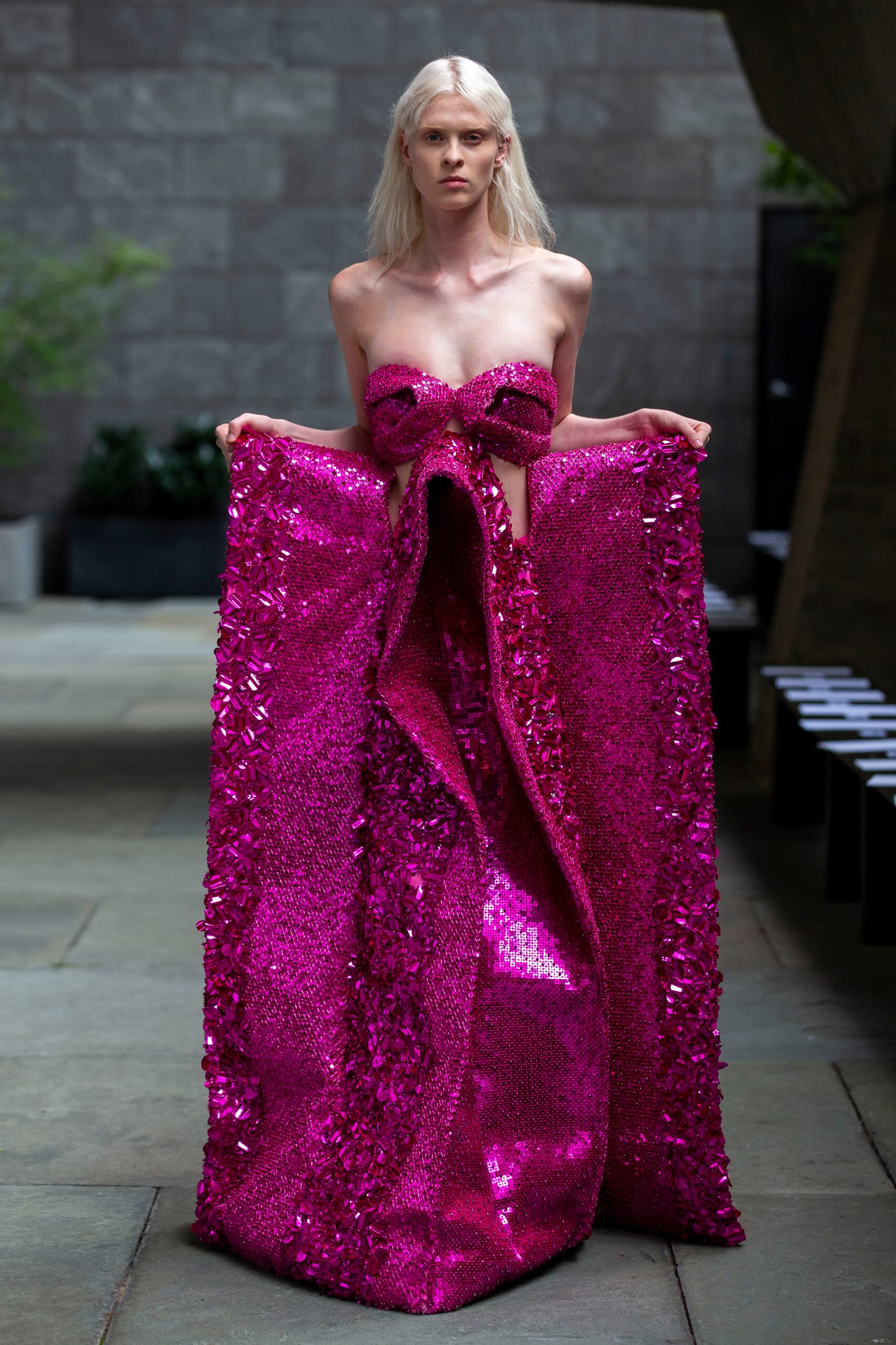 pink sequin strapless gown