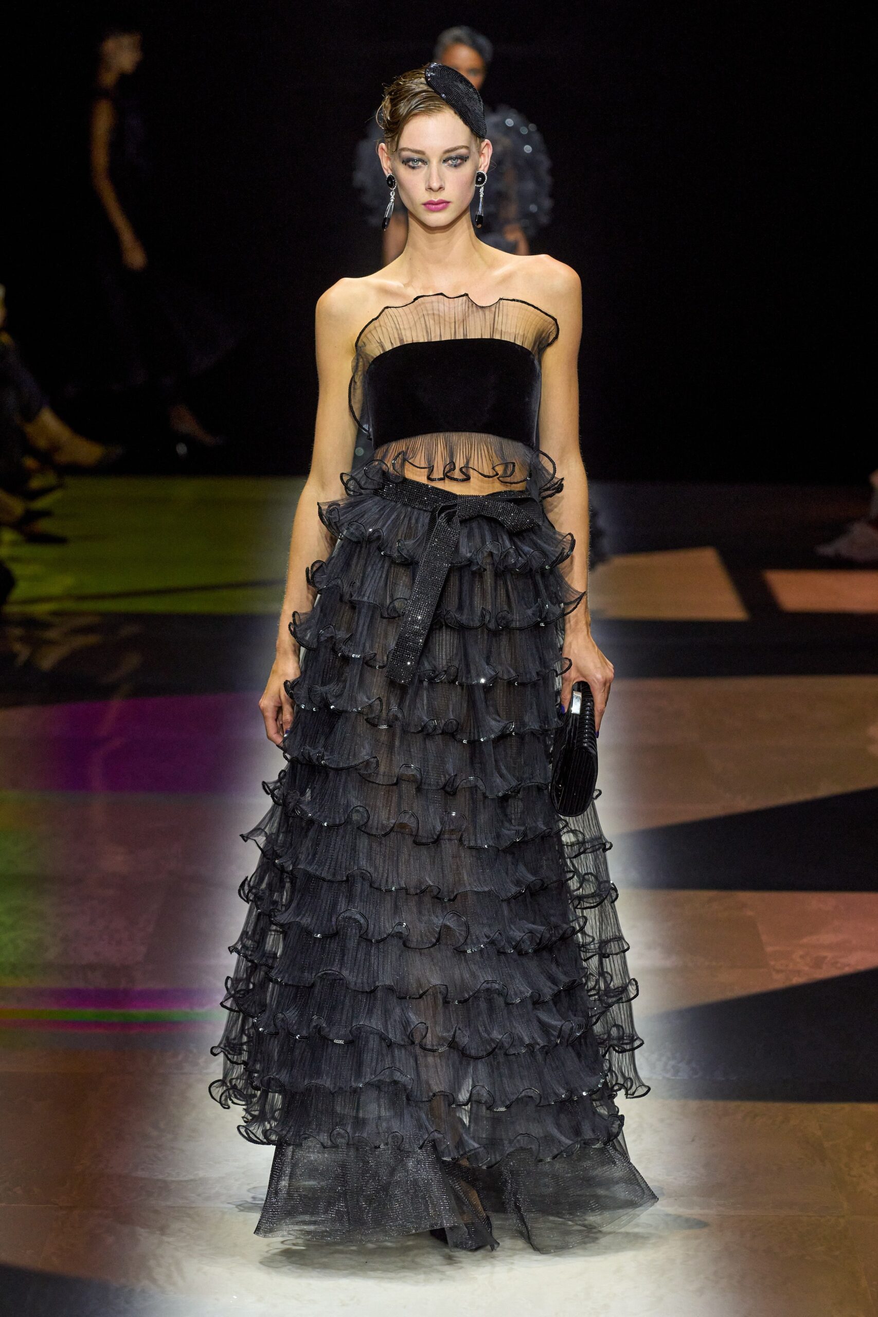 black velvet strapless top and tiered tulle skirt