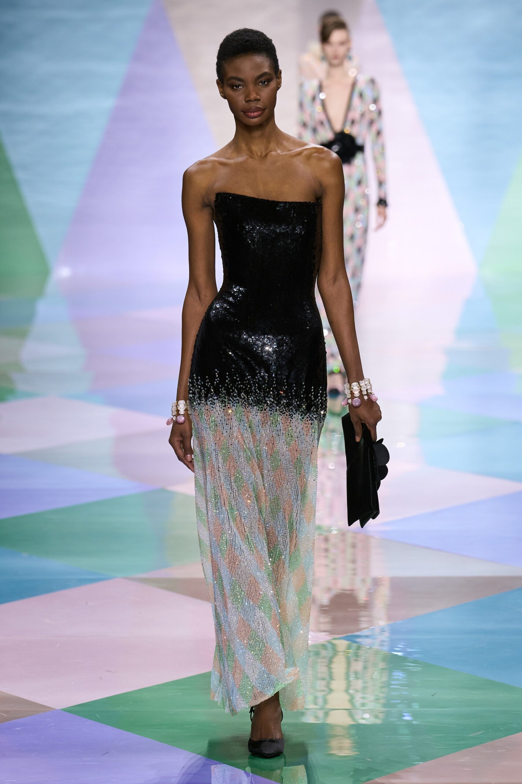 black sequined strapless gown