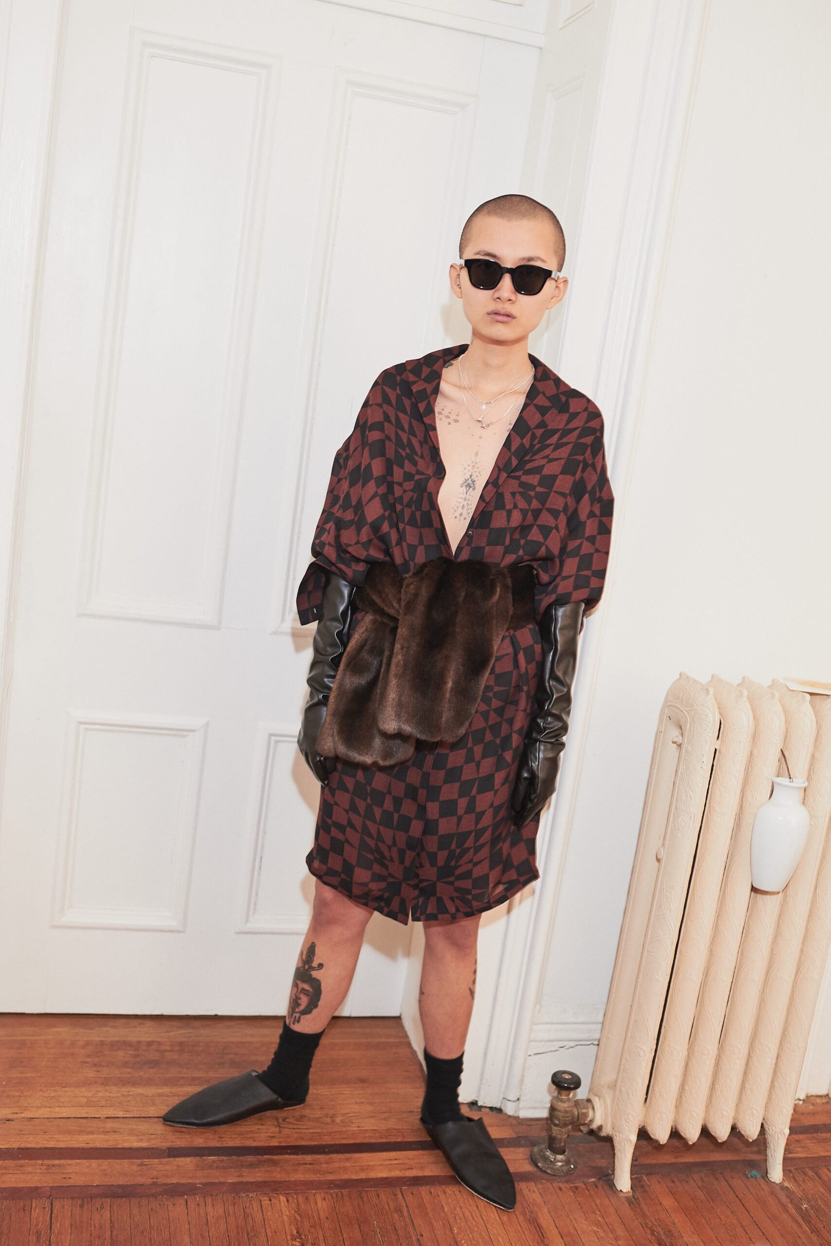 brown cotton short-sleeve v-neck relaxed checked belted dress