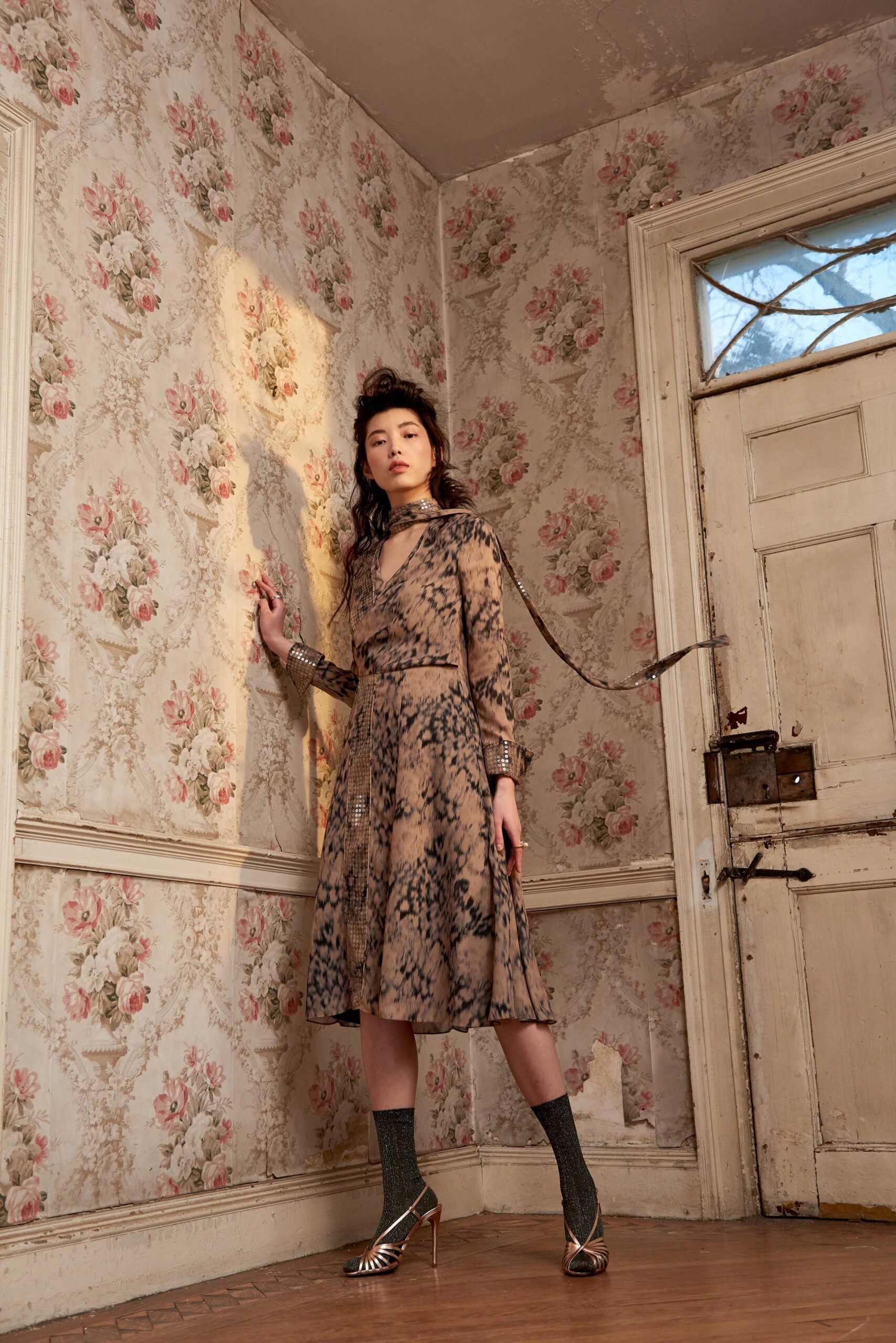 beige silk long-sleeve v-neck fitted printed tiered dress