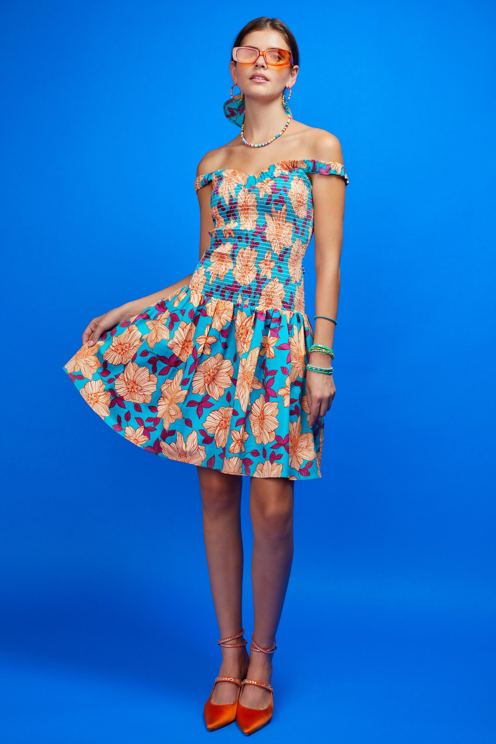 blue floral off-shoulder dress