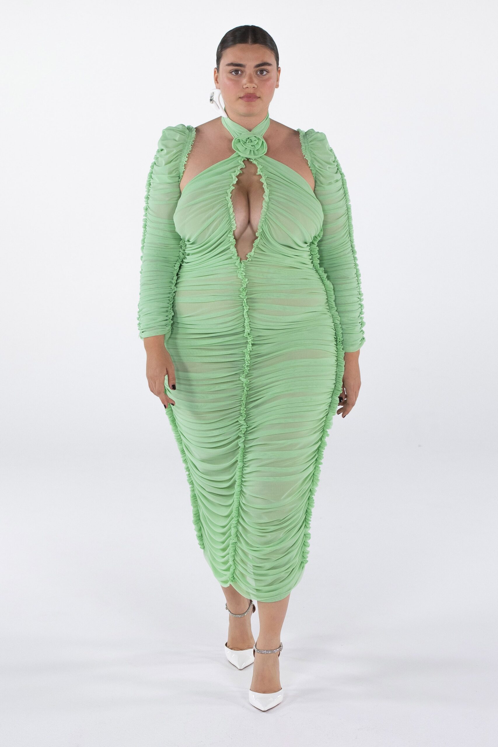 fitted green ruched dress