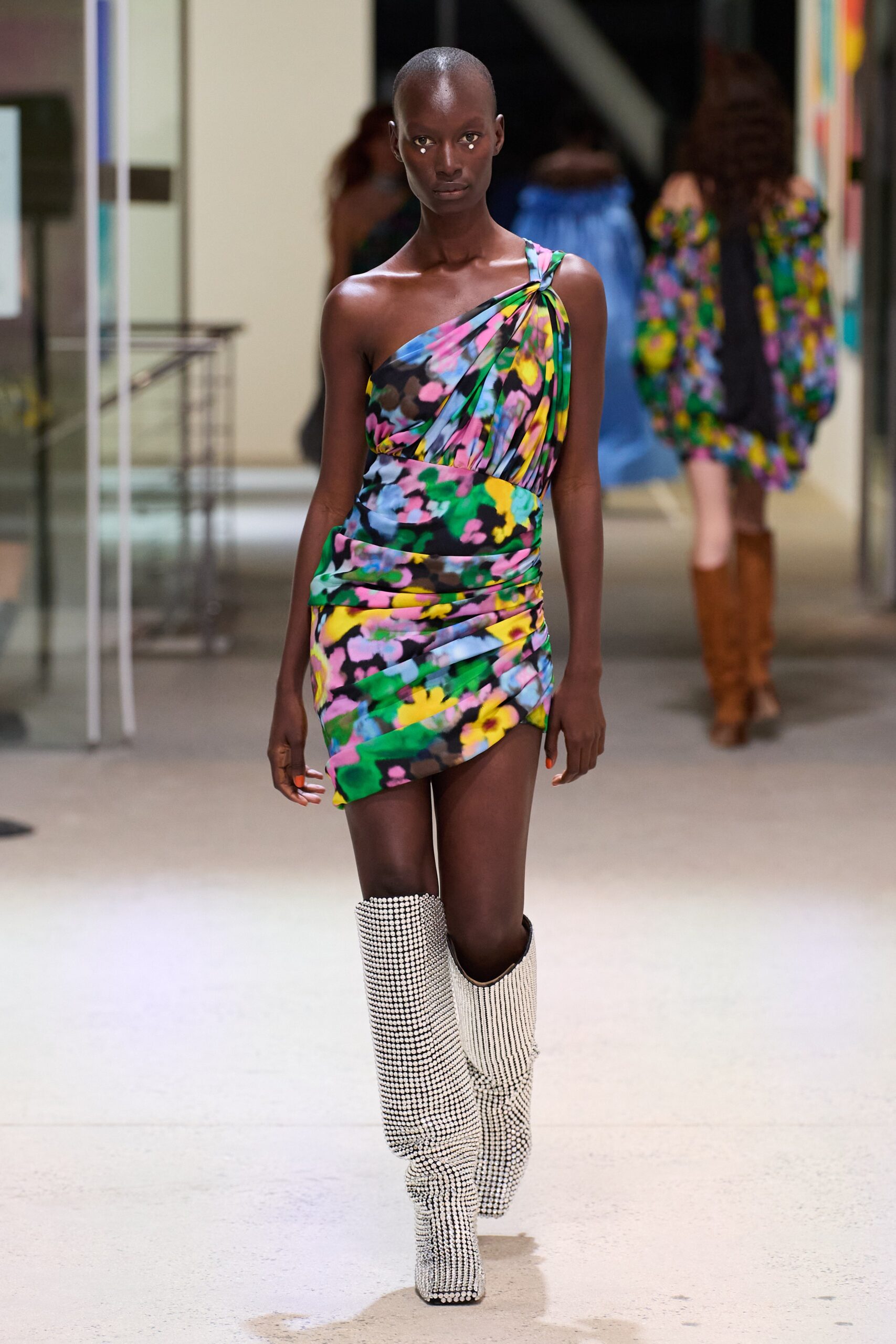 floral mini-dress with white boots