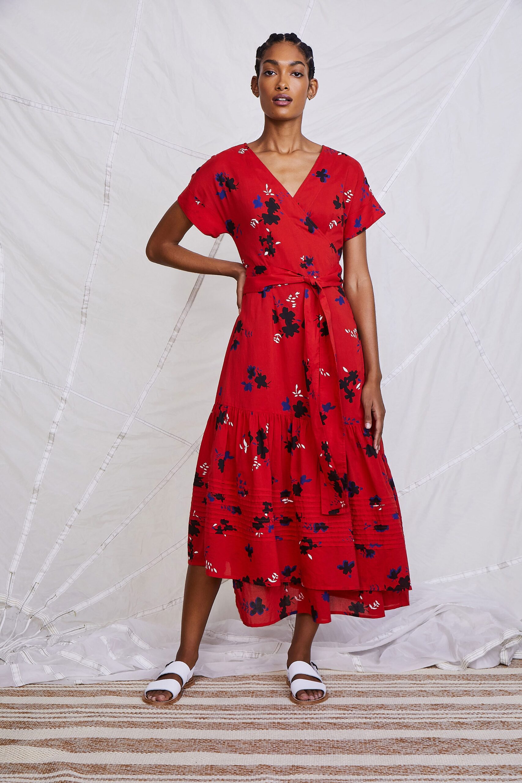 red printed midi dress