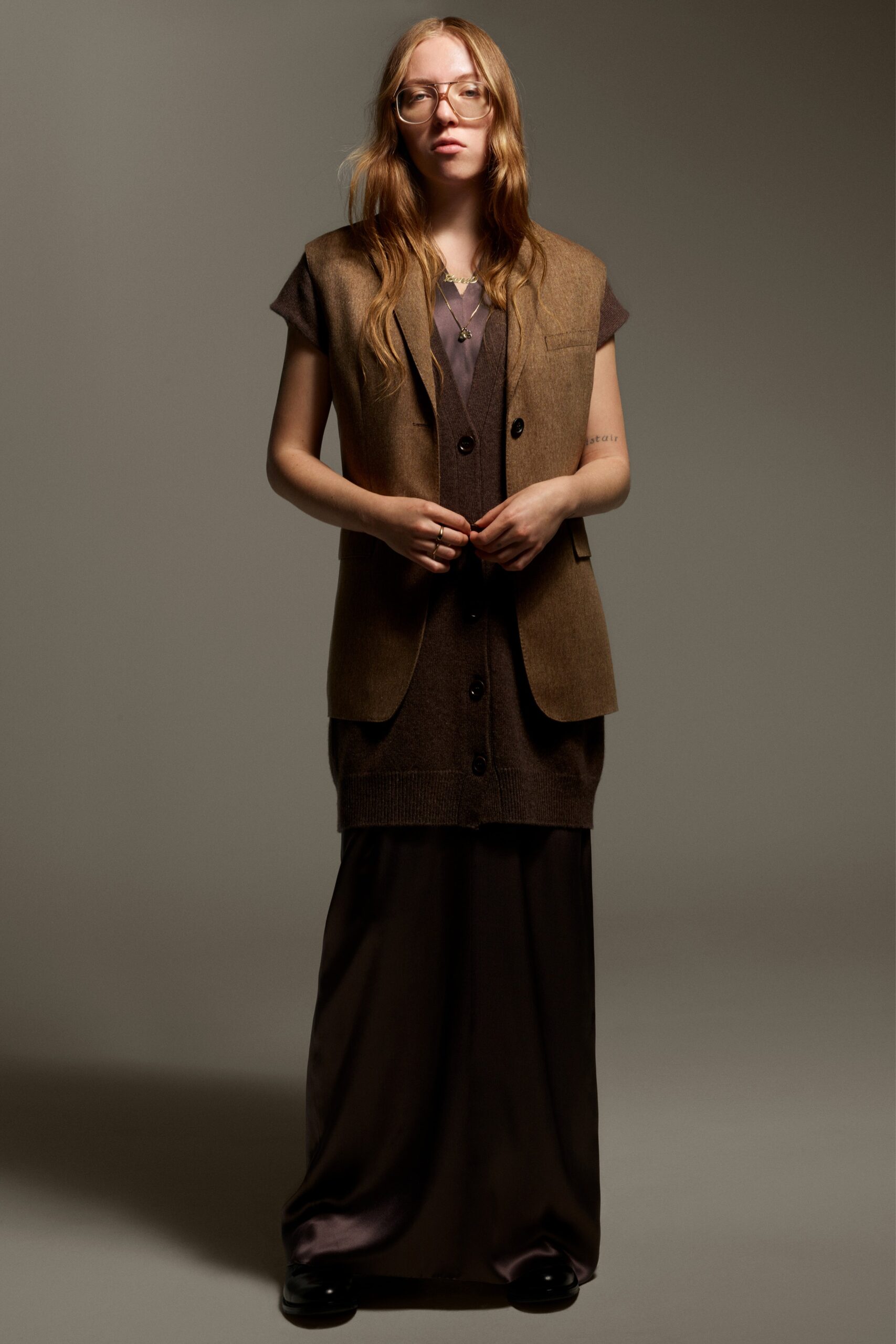brown wool vest and silk dress